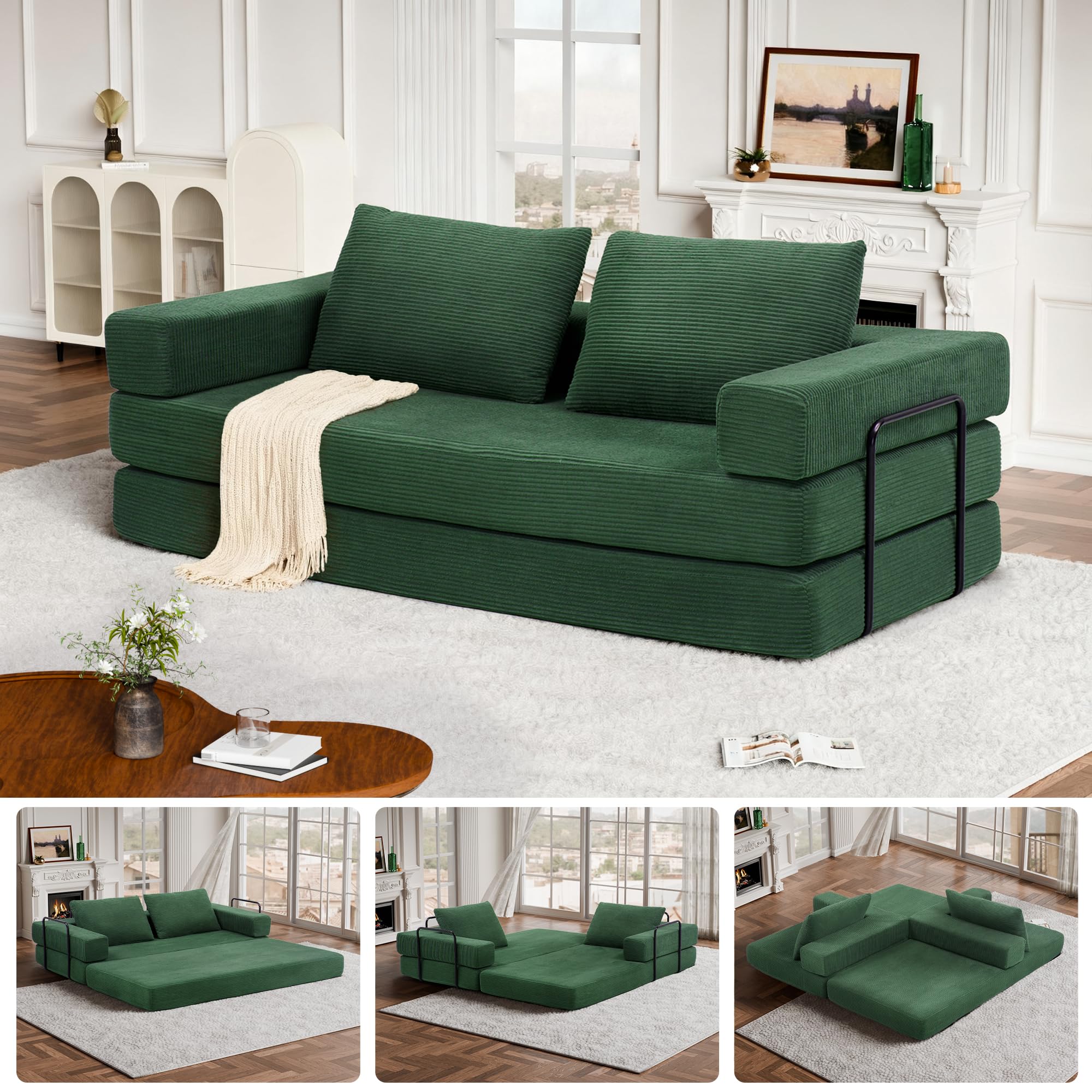 Topcomfy Convertible Sofa Bed, 4-in-1 DIY Combination Modular Couch with Pillows, Comfy Boneless Sleeper Sofa Bed with Fixed-Shape Frame, Corduroy