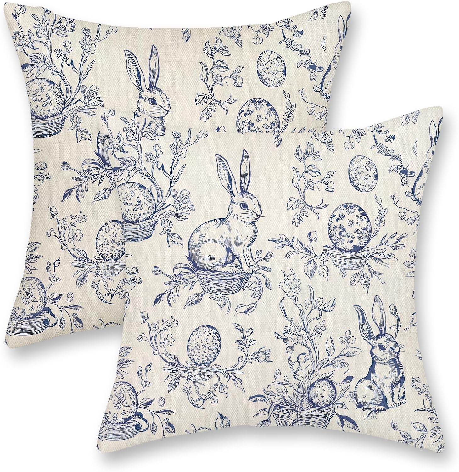 Spring Blue Pillow Covers 18x18 Inch Set of 2 Botanical Floral Easter Eggs Bunny Throw Pillows Blue Toile Flower Rabbit Decorative Pillow Cases Outdoor Decor Linen Cushion Case for Couch Home