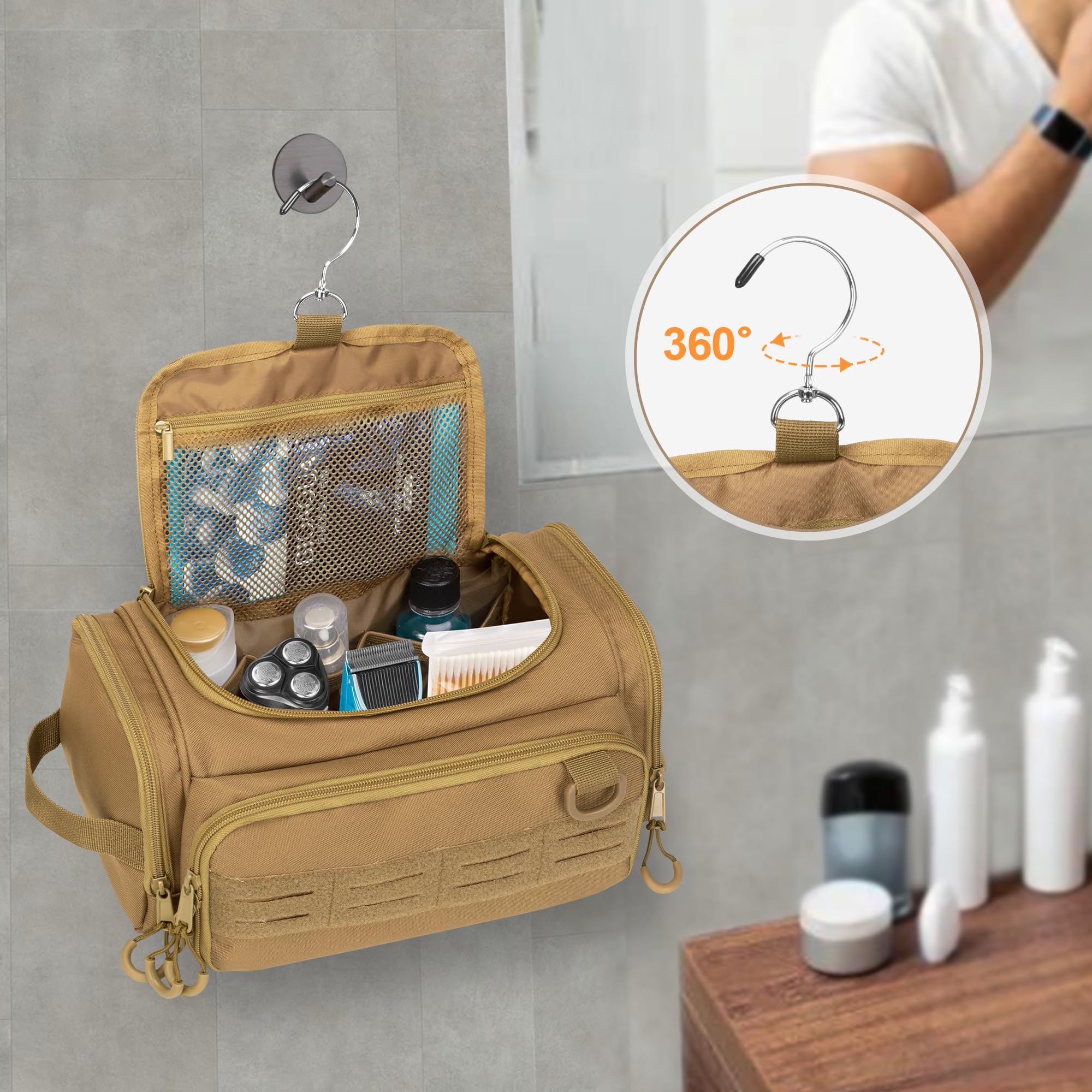 Trousse tattica da uomo, borsa igienica da appendere, organizer da viaggio per rasatura, accessori per la doccia e articoli da toeletta (borsa vuota), Cachi