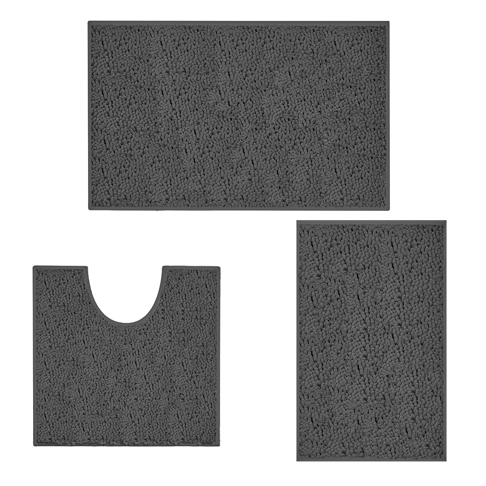 COMPOLICY 3 Piece Bath Mat Set, Light Grey Non Slip Chenille Bathroom Mats, Washable Super Absorbent Toilet & Shower Rug Set for Bathroom
