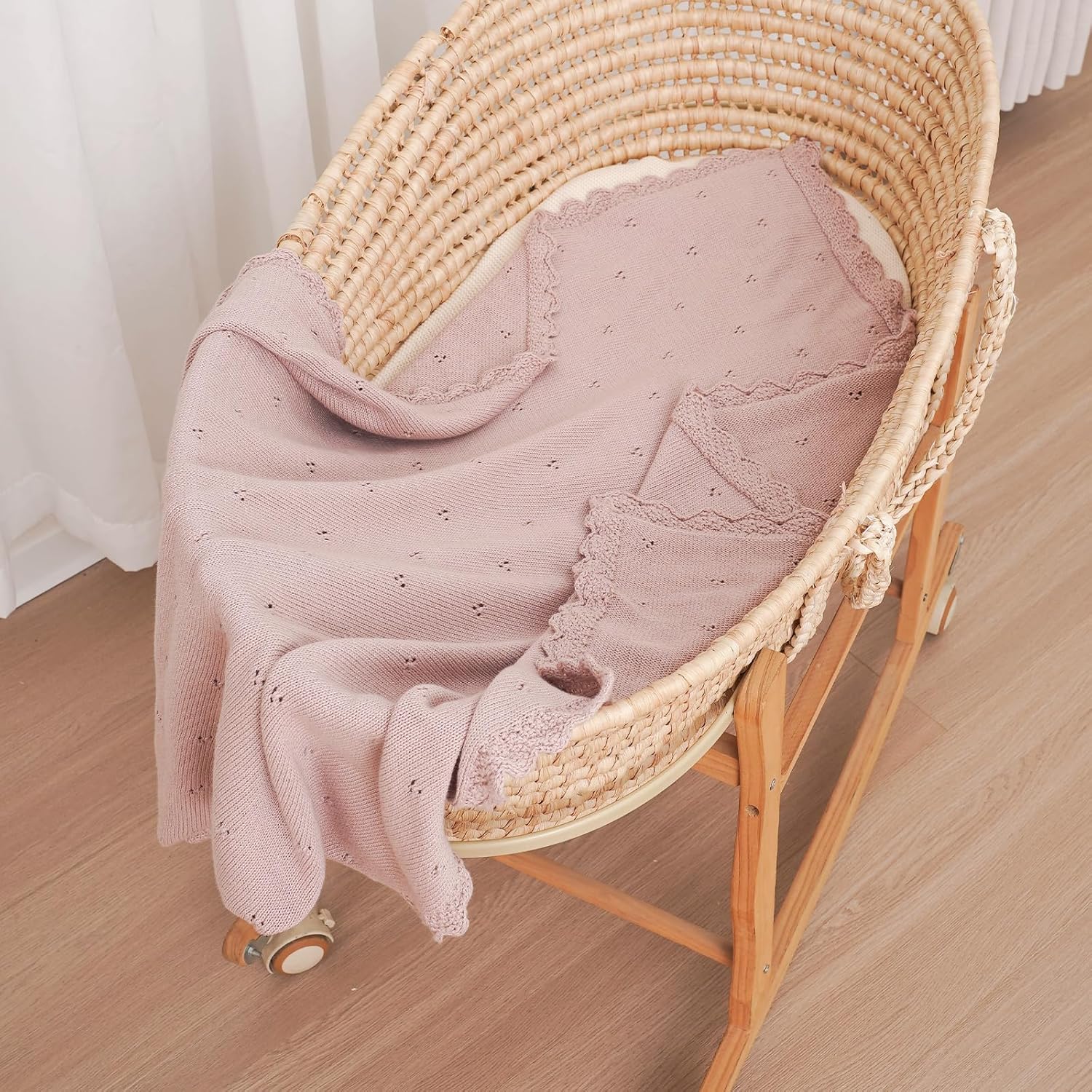 LAWKUL Organic Cotton Baby Blanket for Newborn Boys Girls, Knitted Crochet Receiving Blankets Crib Nursery Swaddle, 30x40 Inch (Pink)