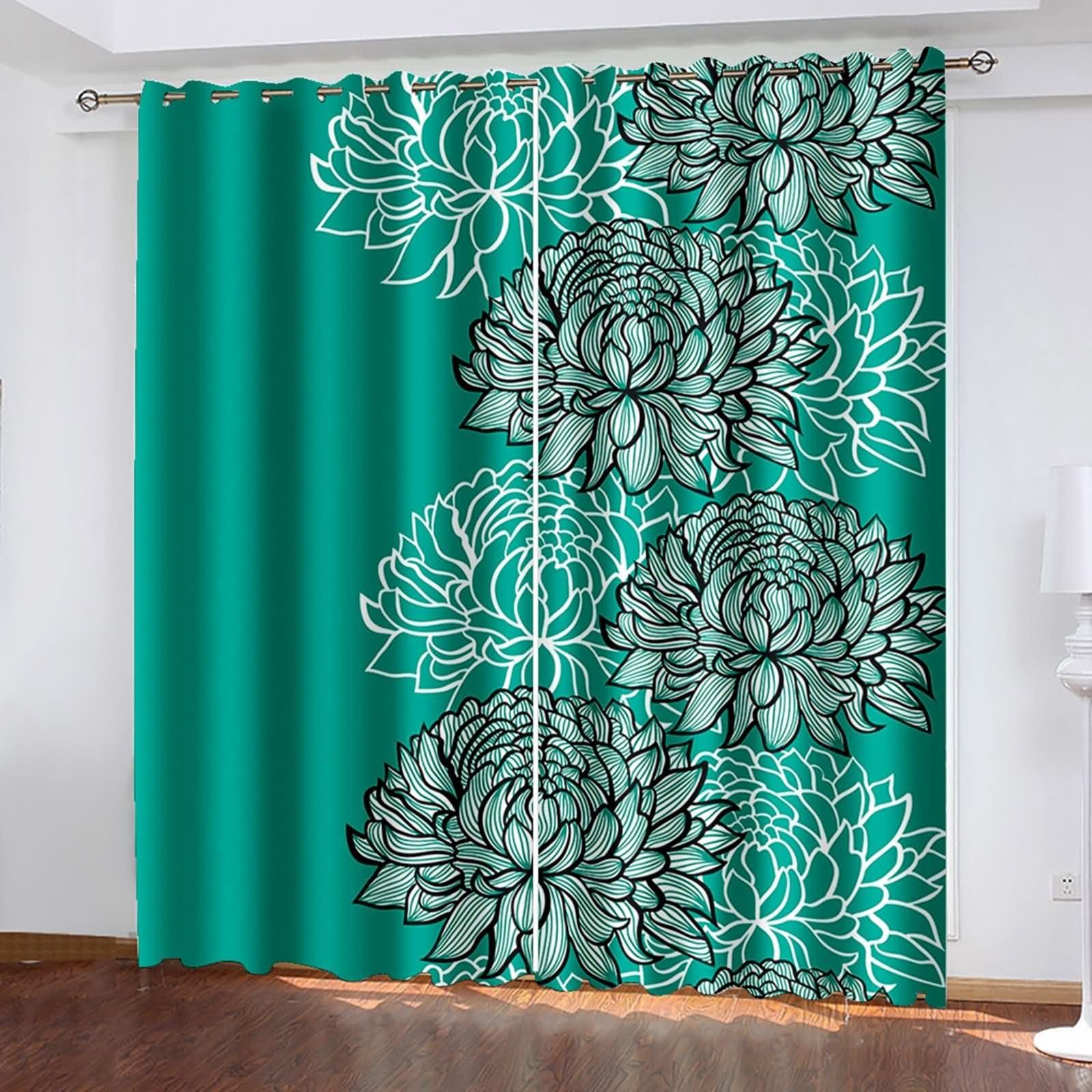 Zestaw 2 zasłon zaciemniających do salonu, 2 x 214 W x 229 cm, zasłony z oczkami, wzór kwiatowy, zasłony do sypialni, pawiowa zieleń