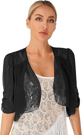 Womens Half Sleeve Ruffle Sheer Shrug Bolero Cardigan Summer Open Front Chiffon Blouses Tops
