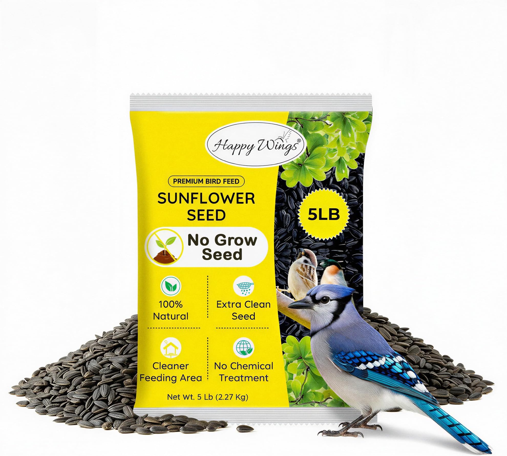 Happy Wings Black Oil Sunflower Seeds – 5 lb Wild Bird Food for Cardinals, Finches & Chickadees – High-Energy Natural Bird Feed for All Life Stages