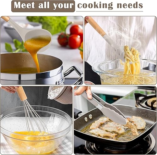 Miniatura 6 de E-far Juego de utensilios de cocina de silicona, 10 piezas resistentes al calor con mango de madera para utensilios de cocina antiadherentes,