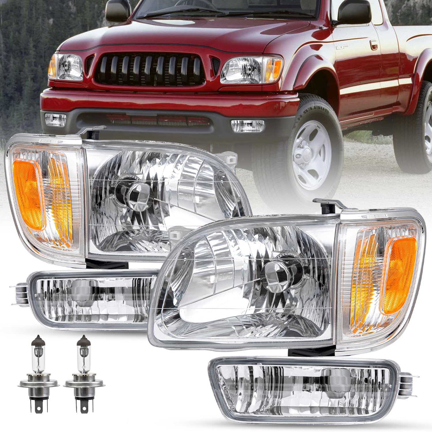 SOCKIR Headlight Assembly fit for 2001-2004 Toyota Tacoma with Bumper Light Driver and Passenger Side (Chrome Housing with Amber Reflector)