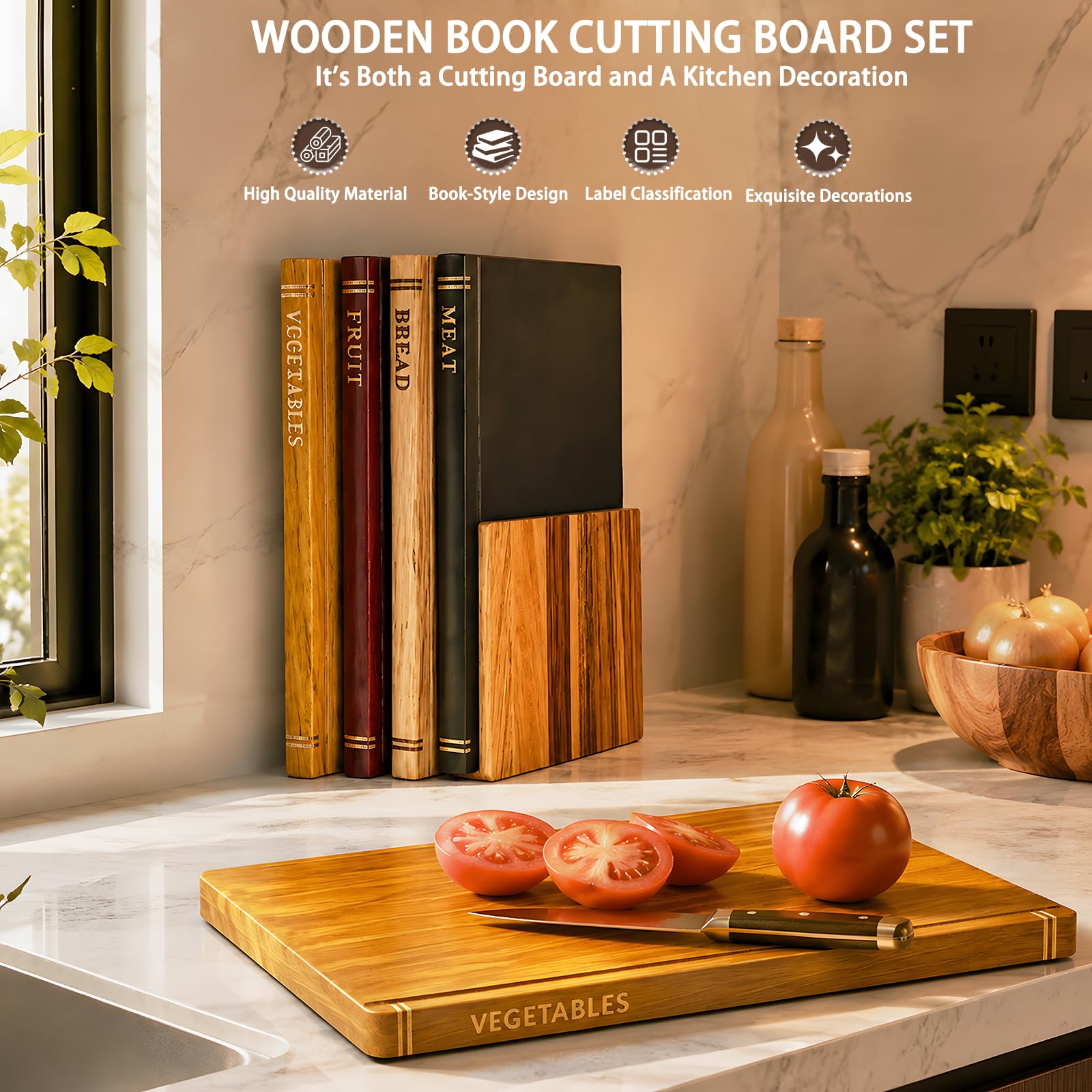 Buch Schneidebrett Set, 3 Stück Schneidebrett Holz Set mit Ständer, für Obst, Gemüse, Fleisch, Fisch, Käse und Brot, für Küchendeko und als Geschenk (3, Braun)