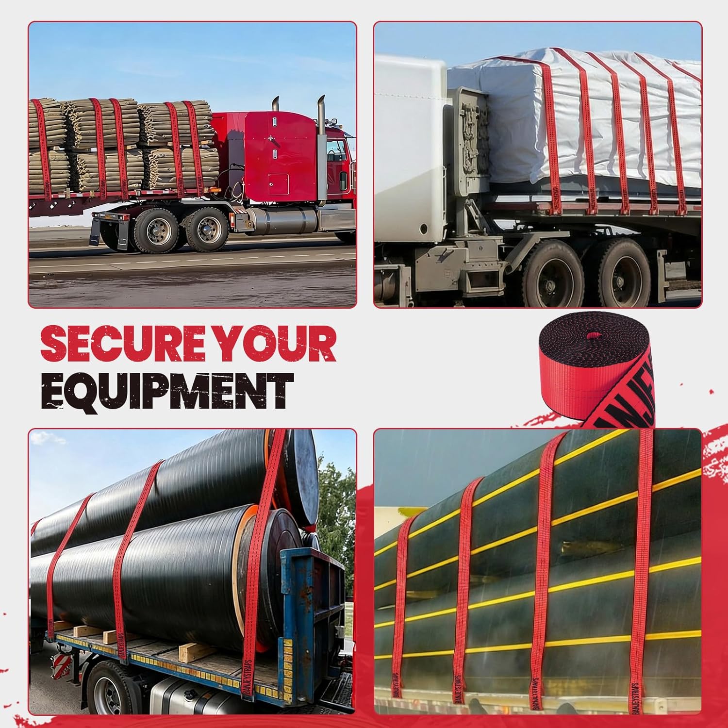 Red Winch Straps 4" x 30 FT - Heavy Duty Flat Hook Tie Downs with 18000lb Break Strength, 6000lb Safe Working Load for Recovery, Flatbed Trailers, Trucks & Farm Use