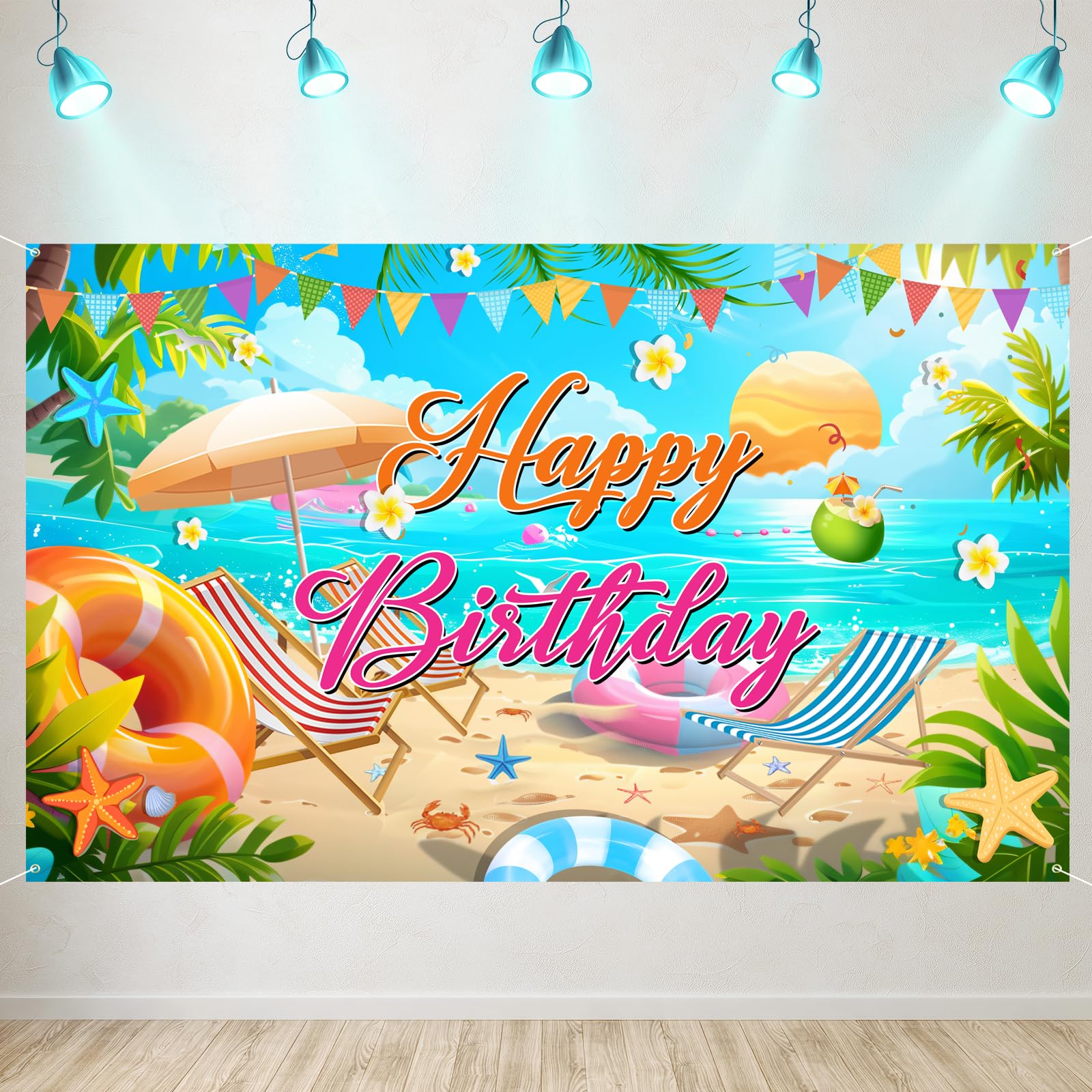Summer Happy Birthday Banner Decorations, Backdrop Decor Supplies, Happy Sign for Backdrop, Large Beach Theme Birthday Banners Supplies Suitable for