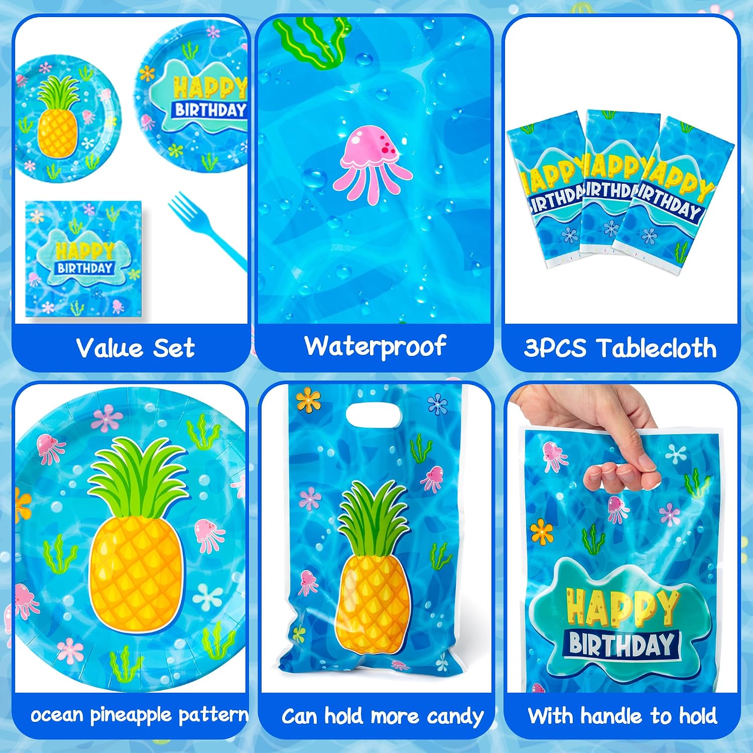 GaofanWai Ocean Pineapple Birthday Supplies - 149PCS Blue Ocean Pineapple Party Decorations Included Candy Plastic Bag Tablecloth Tableware, Sea Jellyfish Seaweed Disposable Paper Plate Set for Kids