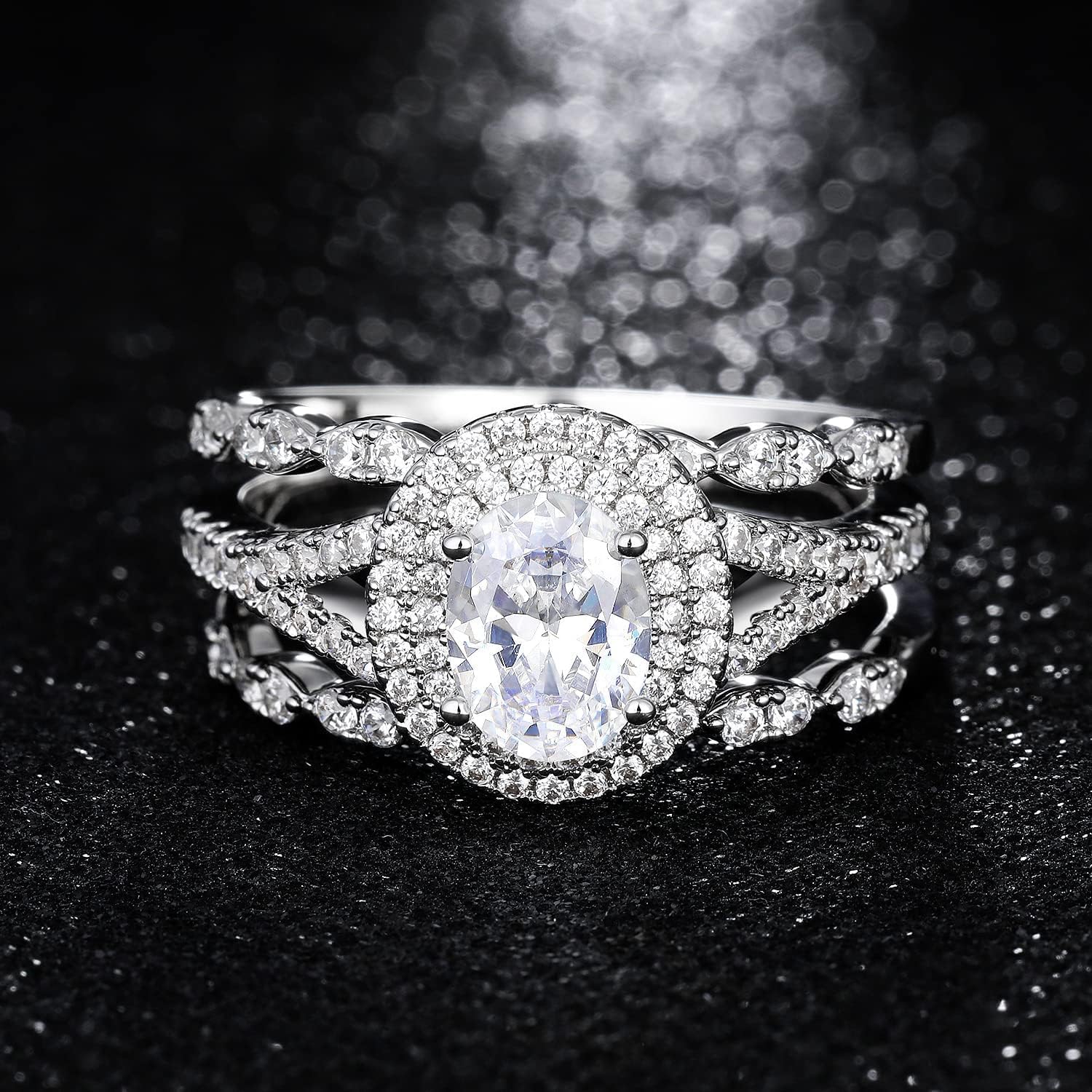 MDFUN 18K White Gold Plated Promise Ring for Women Cubic Zirconia Stackable Ring Set Three-in-One Oval Halo Wedding Engagement Promise Eternity Band - Image 3