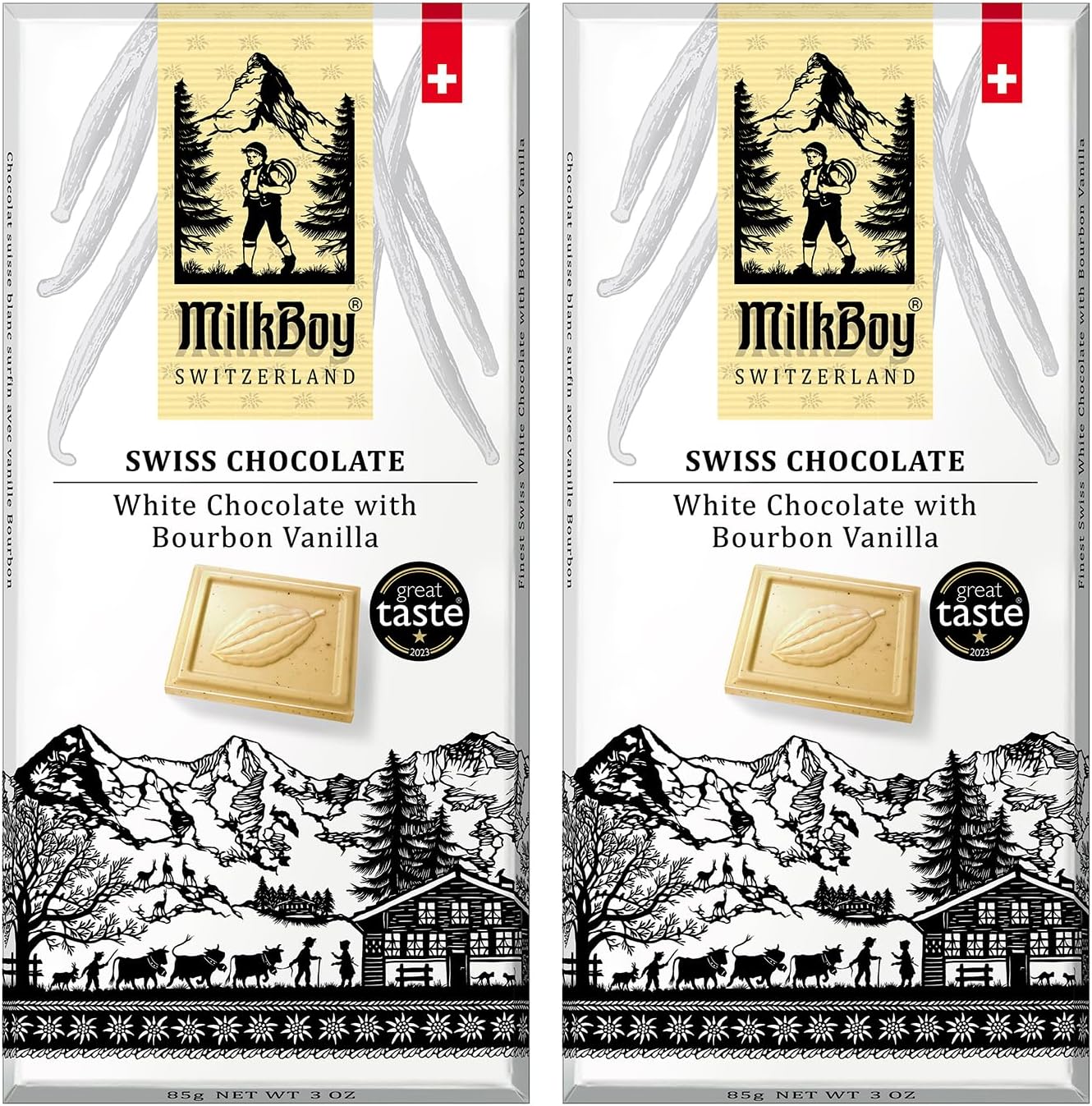 Milkboy Swiss Chocolates White Chocolate Bars - Gourmet Bourbon Vanilla Chocolate Bars - Made with Pure Natural Vanilla - White Premium - Gluten Free - Non-GMO - Kosher - 3 oz, Pack 2