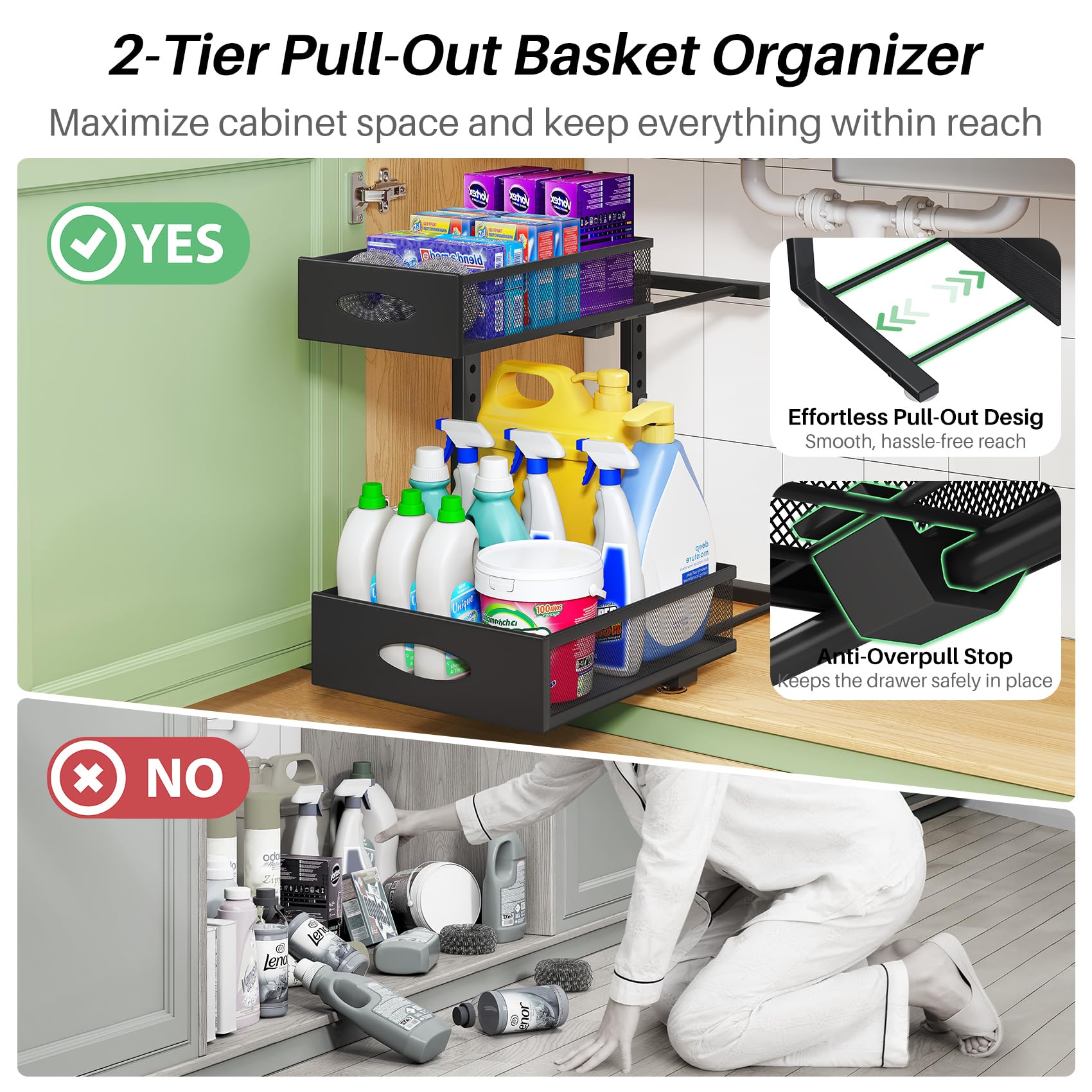 Kitstorack Organizador Bajo Fregadero Extraíble de 2 Niveles, Pack de 2, Cestas de Malla de Gran Capacidad, Estante Ajustable en Altura con Diseño en L para Cocina, Baño y Lavandería, Negro