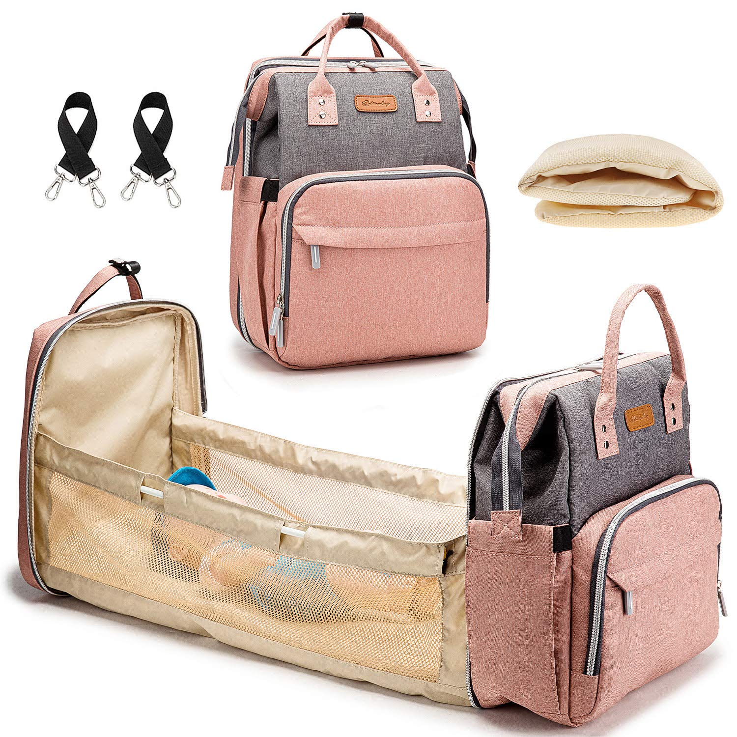 EssFeeni Diaper Bag with Bassinet Changing Station 3 in 1 Large Nappy Backpack Mommy Bag for Care Travel Pink Grey, Pink Grey, One size