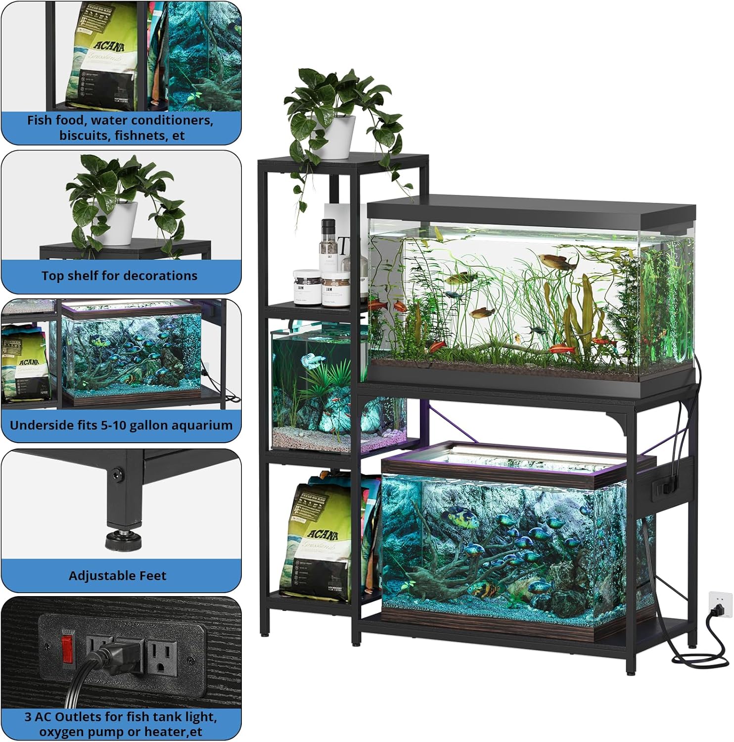 VOWNER 20-29 Gallon Fish Tank Stand with Power Outlet, Wood Aquarium Stand with Shelves for Fish Tank Accessories Storage, Heavy Duty Metal Frame, Turtle Reptile Terrarium Stand, Load 500lb, Black