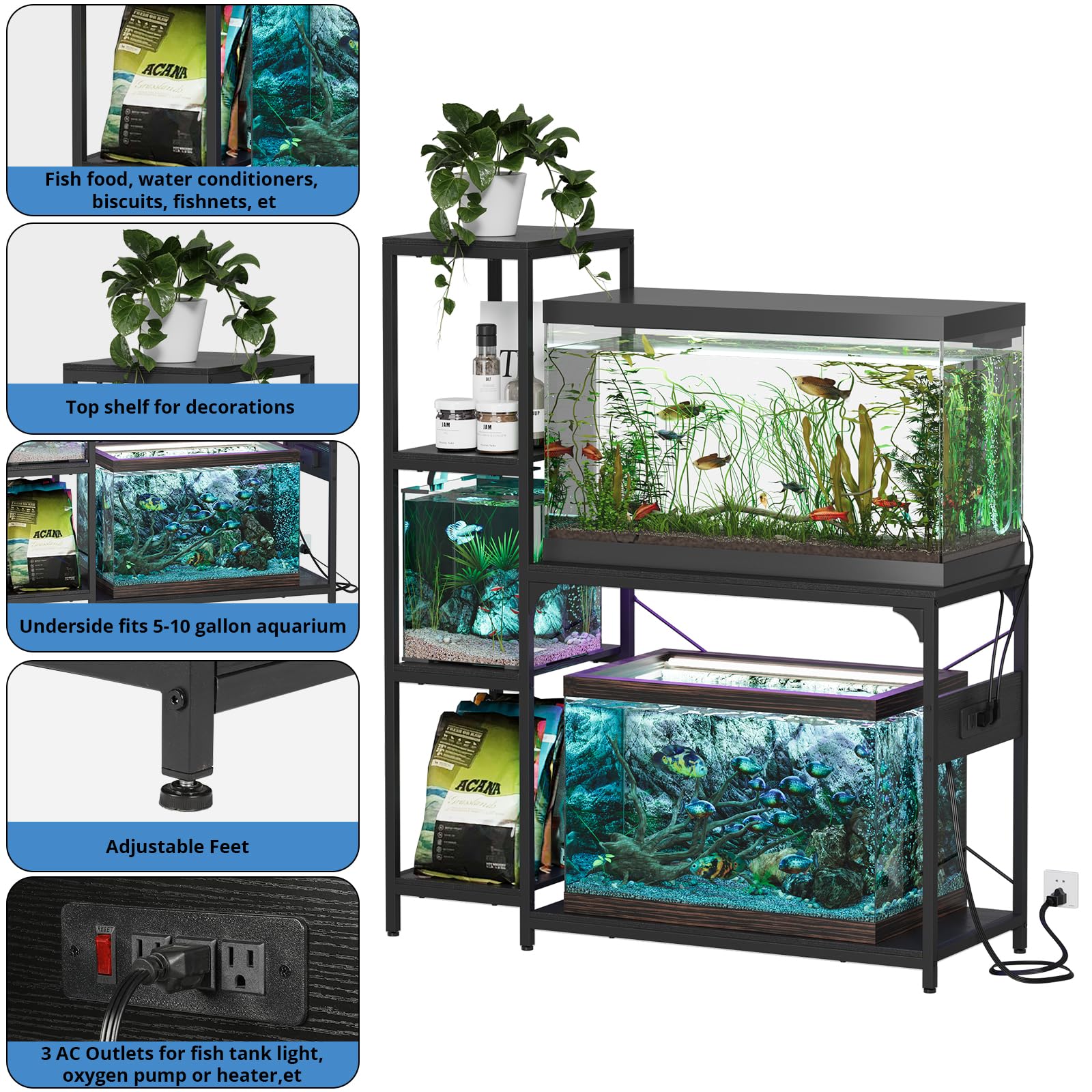 VOWNER Soporte para pecera de 20-29 galones con toma de corriente, soporte de madera para acuario con estantes para almacenamiento de accesorios de pecera, marco de metal resistente, soporte de