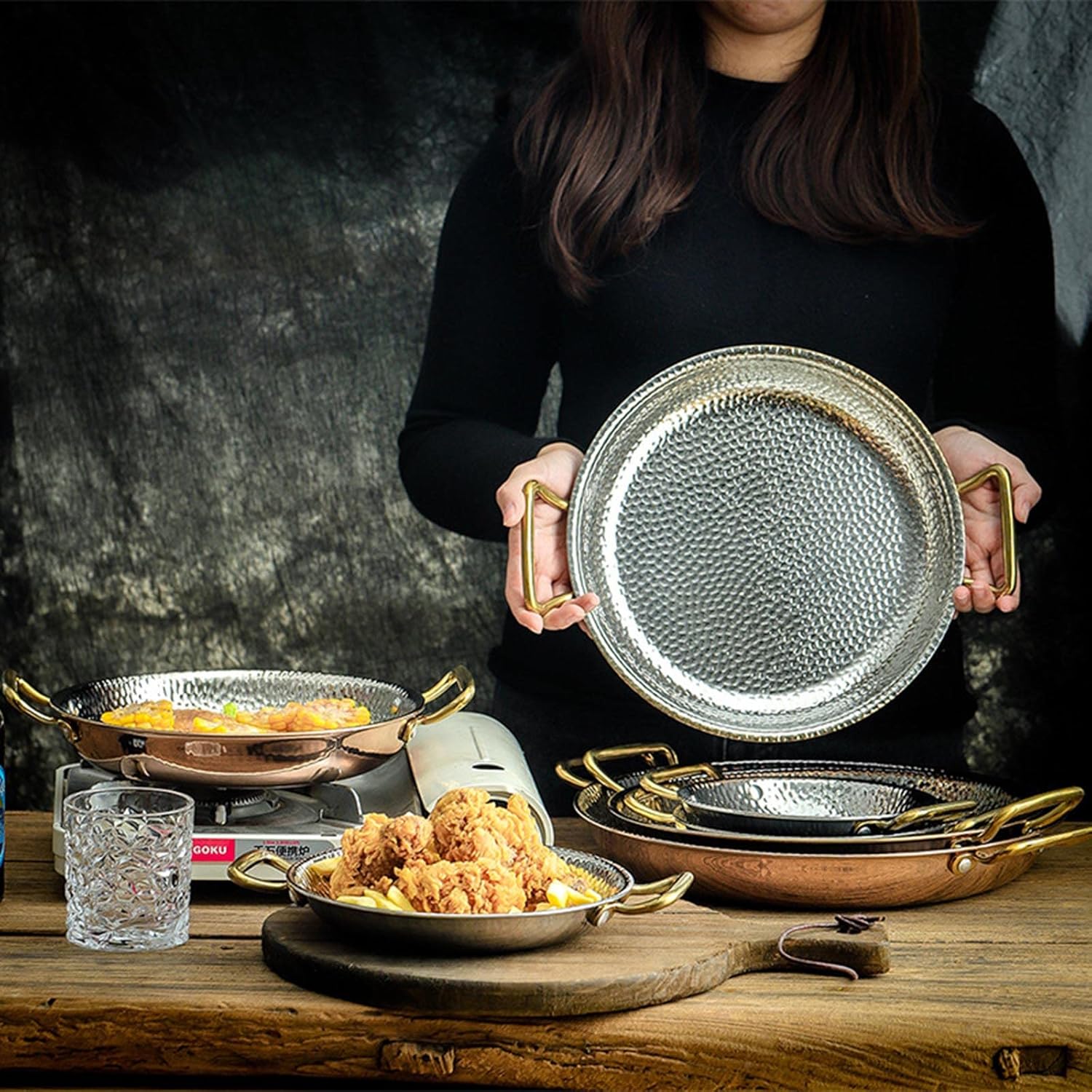 Stainless Steel Spanish Paella Pan, Hand Hammered Cooking Pan Cookware with Dual Riveted Handles for Home Restaurant Camping Outdoor (Silver,30cm)