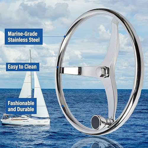 Miniatura 3 de Amarine Made Volante de barco de acero inoxidable con 3 radios de 15-1/2" de diámetro, con tuerca de 5/8" -18 y perilla giratoria para Seastar y
