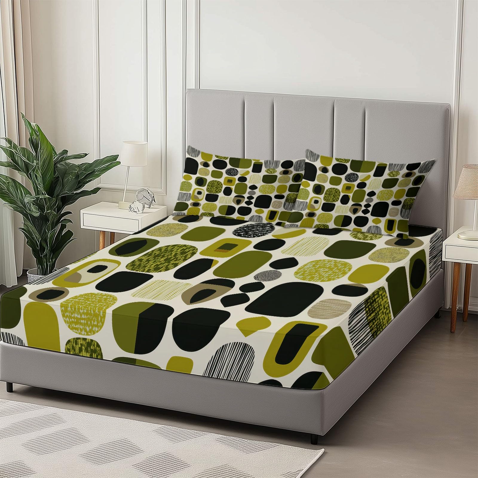 Drap-Housse Microfibre Doux 160 x 200 cm Blocs Géométriques De Style Médiéval Housse de Matelas Respirante Anti-Glisse avec 2 Taies d’Oreiller, Grand Bonnet 30cm, Vert Olive