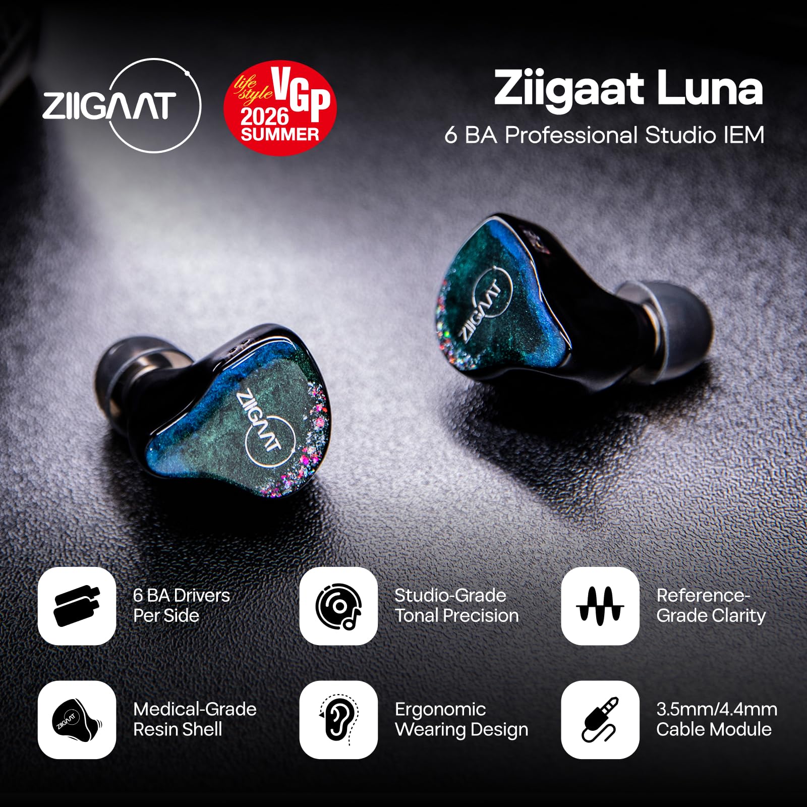 Linsoul ZiiGaat Luna 6BA HiFi In Ear Monitor,Auriculares IEM para Monitor de Estudio con Respuesta Rápida,Amplio Campo de Sonido y Claridad de Referencia,Cable OFC Plata-Plateado Desmontable