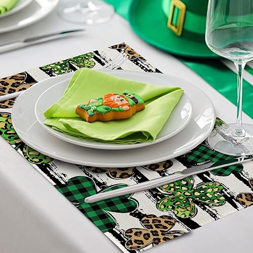 Miniatura 3 de Seliem Juego de 4 manteles individuales de trébol para el día de San Patricio, rayas negras, búfalo con lunares, leopardo, mesa de comedor,