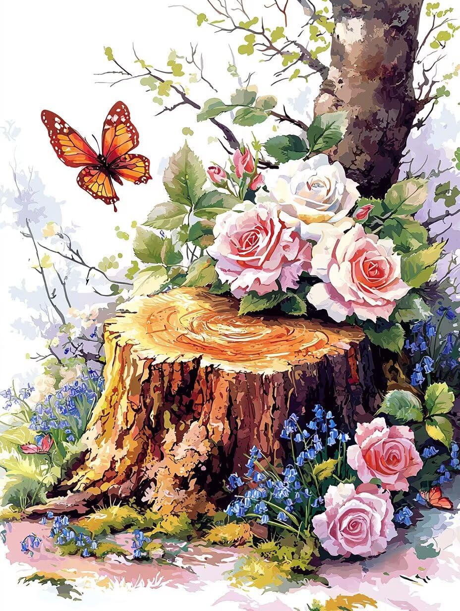 Malen nach Zahlen Erwachsene Schmetterling mit Baumstumpf, 70x90cm x-379 | Handgemalt Ölgemälde Kit für Mädchen Jungen ab 7 8 9 Jahre, Rahmenlos, für die Wanddekoration zu Hause, DIY Acrylmalerei