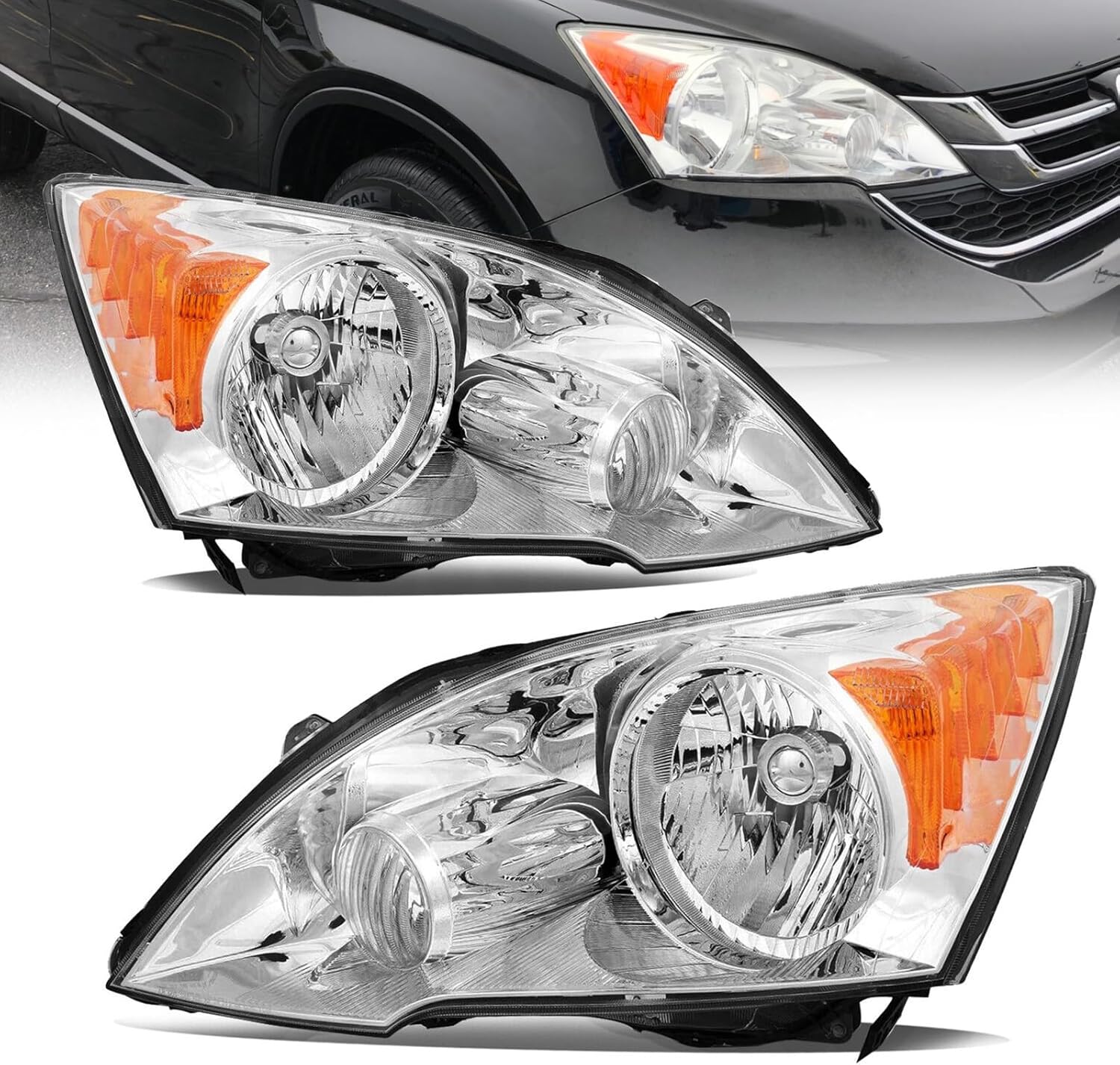 Headlight Assembly Fit for 2007-2011 Honda CR-V,Halogen Headlamp Compatible with CRV 2007 2008 2009 2010 2011 Chrome Housing Amber Reflector Replacement Driver Passenger Side