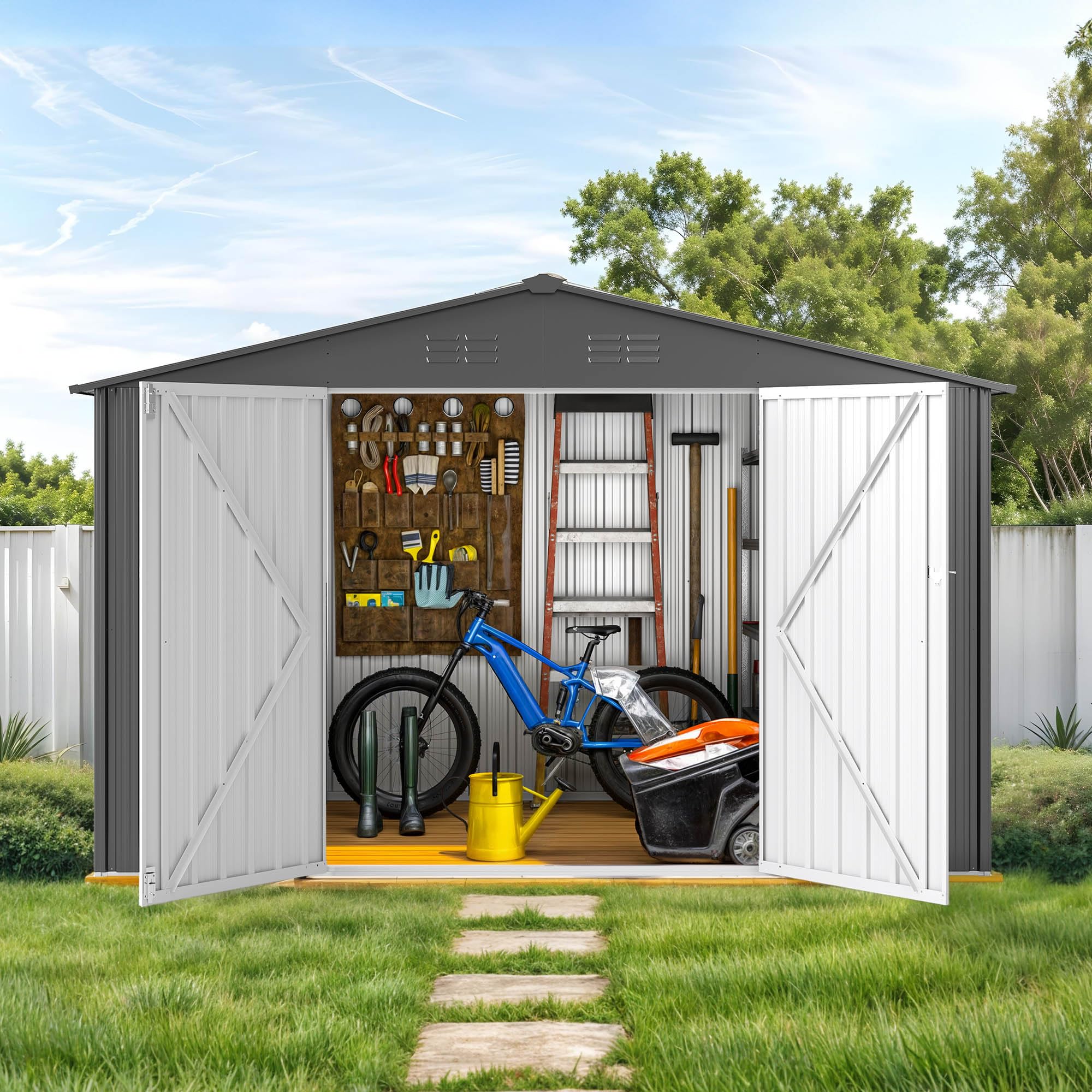 DWVO Metall Gerätehaus 10x8 Fuß 292x225x194 cm wasserdichter Gartenschuppen abschließbare Tür Belüftung Dunkelgrau