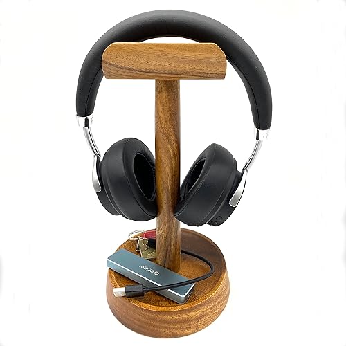 Miniatura 6 de Soporte de madera para auriculares con bandeja, soporte para auriculares de acacia sólida para organización de escritorio, ajuste universal para