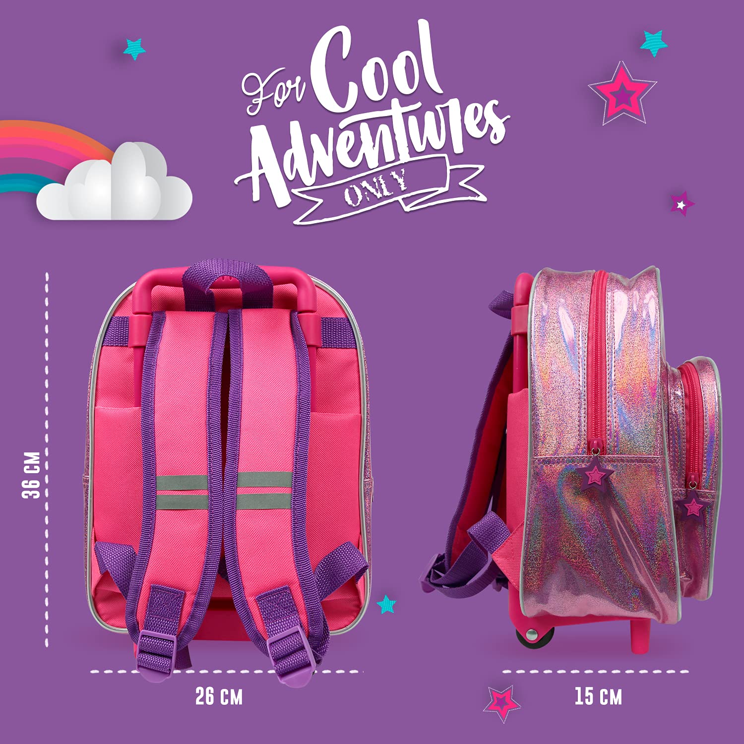 PERLETTI Mini Trolley Bambino Bambina con Tascone - Zainetto Scuola Asilo Bimbo Bimba con Ruote e Spallacci - Borsa Bagaglio da Viaggio Olografica Catarifrangente - 36x26x15 cm