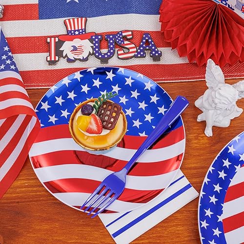 Miniatura 9 de GATHER 175 platos del 4 de julio, cubiertos de plástico azul, blanco y rojo y copas azules transparentes, platos de plástico de la bandera