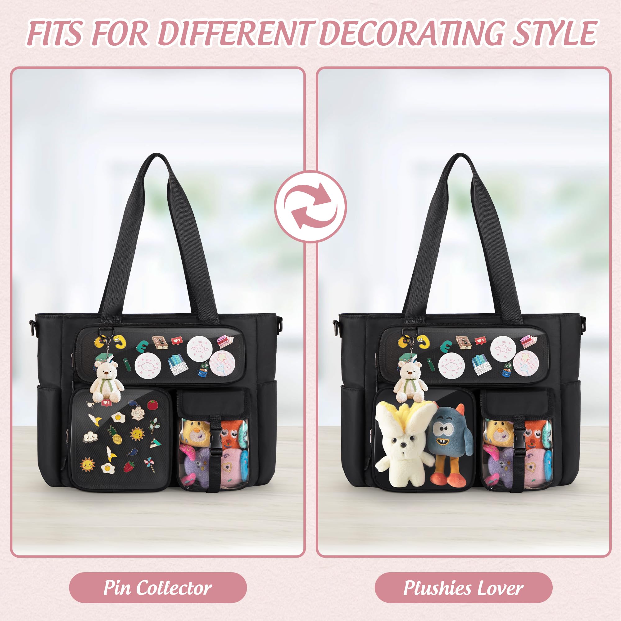 Große Ita Tasche mit 3 Fächern & 2 Einlagen Kawaii Ita Tragetasche zur Pin-Präsentation für Anime & K-Pop Fans, Vielseitige Umhängetasche, Schwarz (Pins NICHT Enthalten)