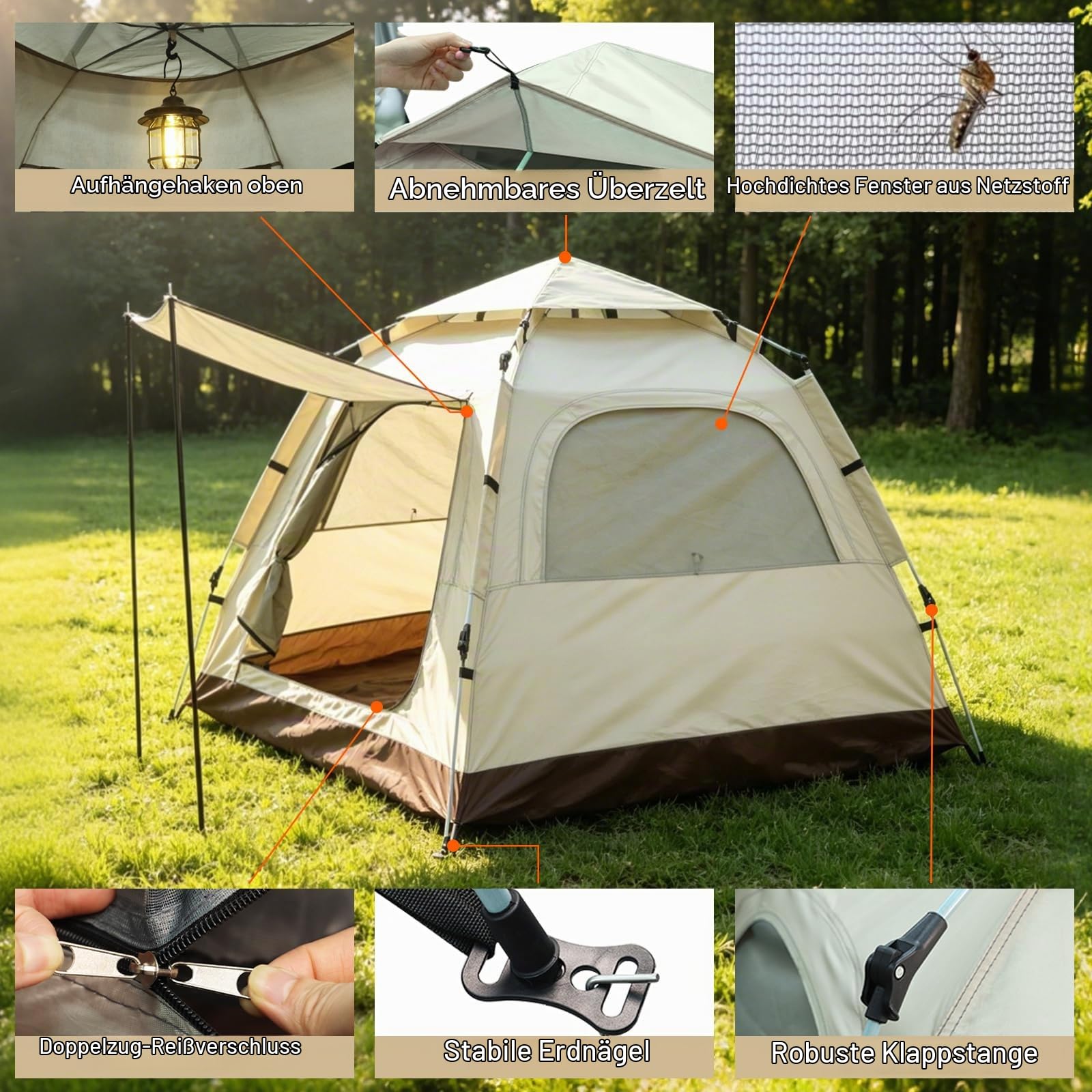 Zelt für 2-3 Personen, Pop Up Campingzelt mit Vorzelt | Automatisches Sekundenzelt mit Sonnenschutz & wasserdicht, Familienzelt für Camping Wandern & Trekking