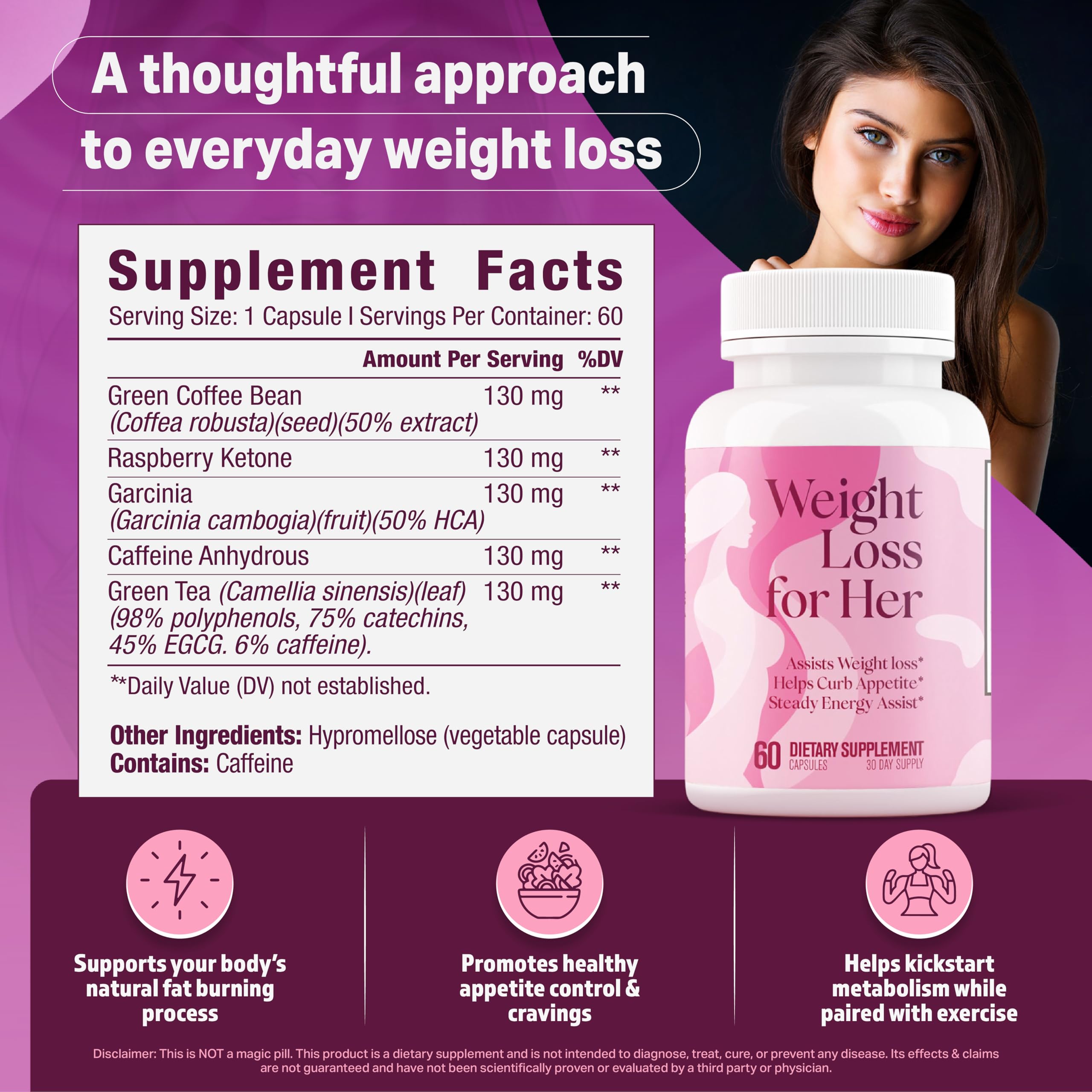 GLP-1 Weight Loss for Her | Supports Healthy Pathways Associated with GLP-1 Activity - Promotes Weight Loss for Women, Helps Appetite Control & Promotes Energy - 3rd Party Tested Supplement - 60 Pills — Amazon image 2