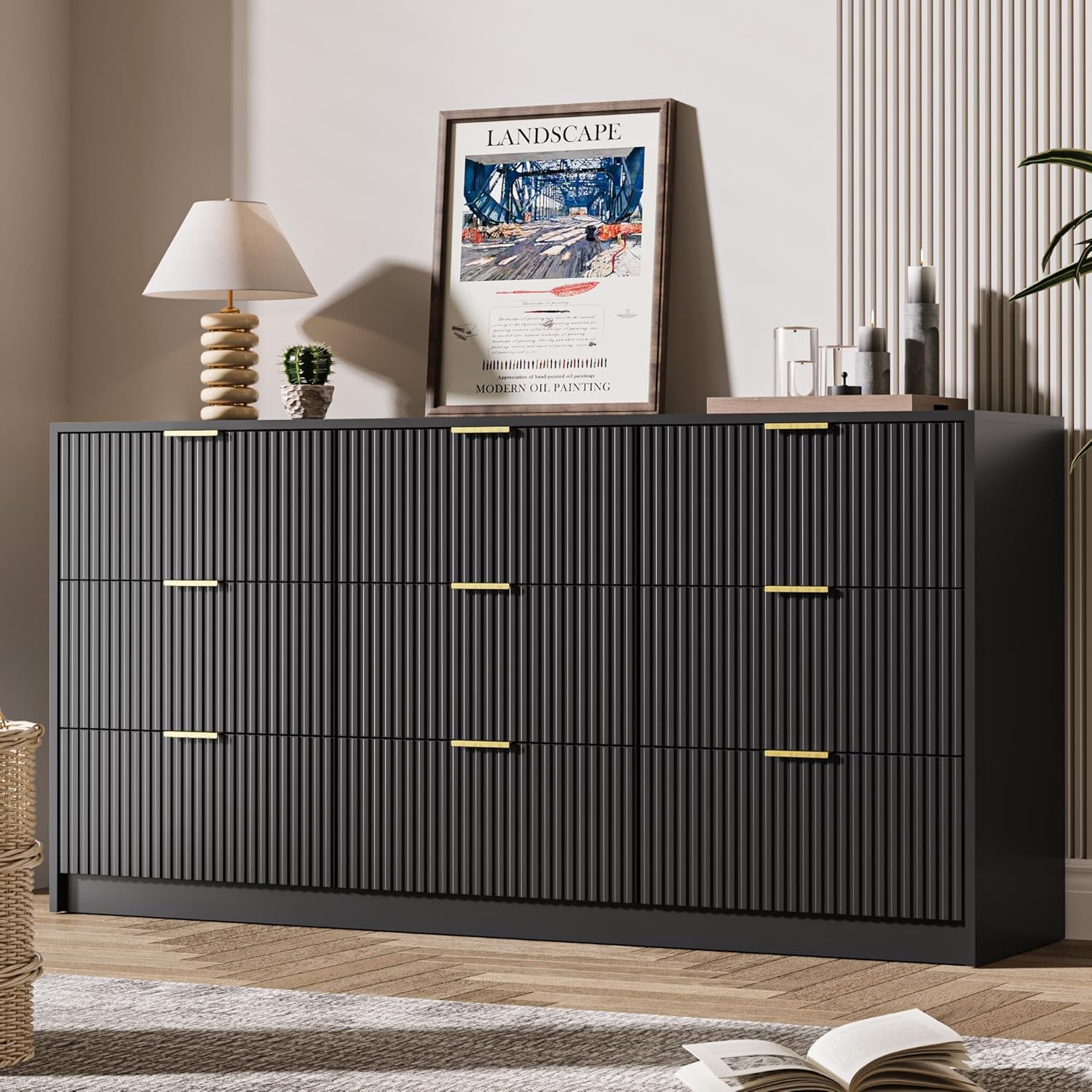 Black 9 Drawer Dresser for Bedroom, 63" Wide Modern Fluted Dresser with Gold Metal Handles, Chest of Drawers for Bedroom, Living Room, Entryway, Hallway
