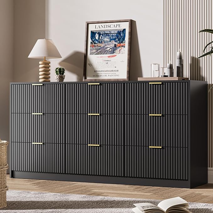 MAISONARIA Dresser for Bedroom, 8 Drawer Double Dresser, Modern Chest of Drawers for Bedroom, Living Room, Entryway and Closet, 55" L x 15.7" D x 37.4" H, Black