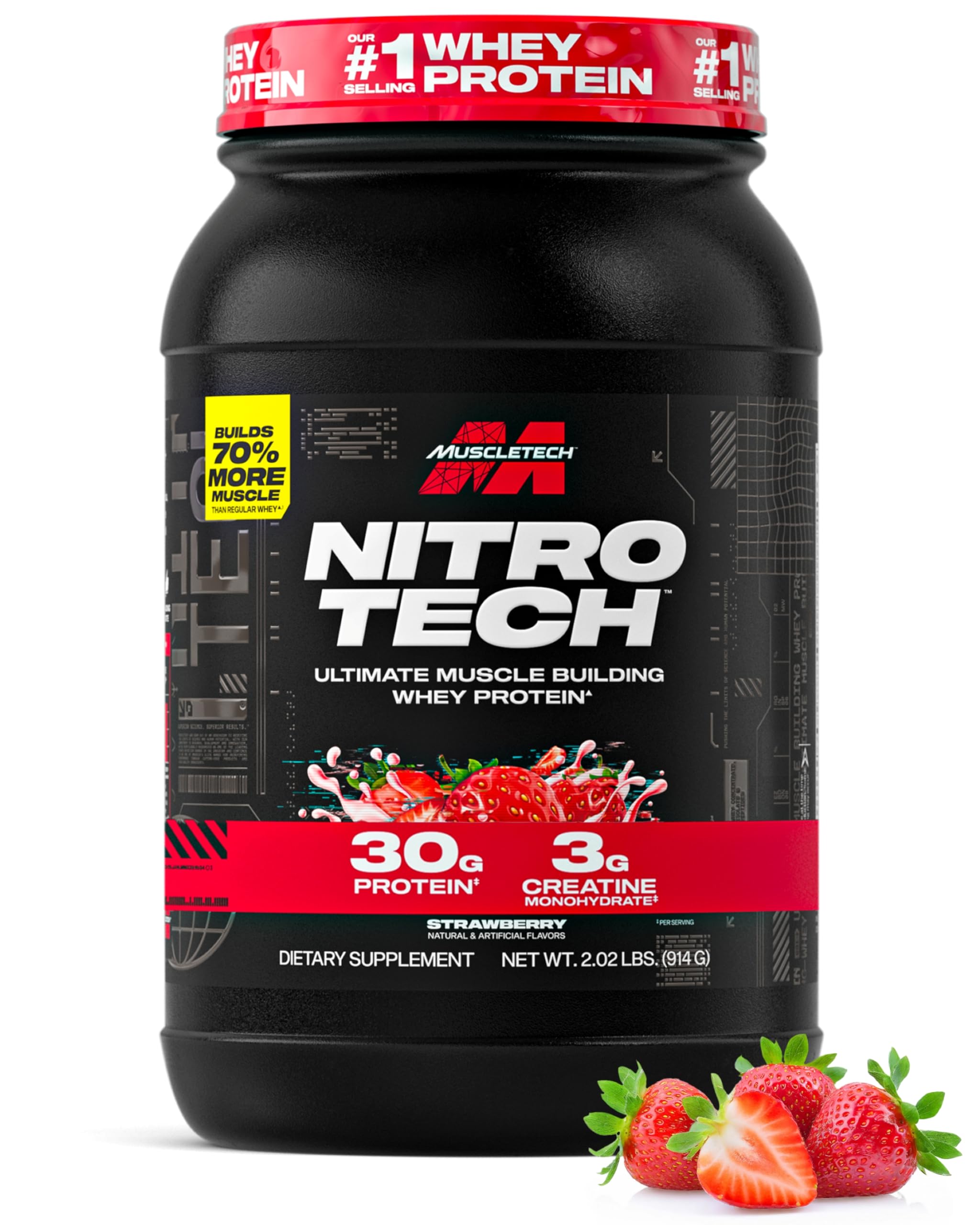 Muscletech Whey Protein Powder (Strawberry, 2.2 Pound) - Nitro-Tech Ultimate Muscle Building Formula with Whey Protein Isolate - 30g of Protein, 3g of Creatine & 6.8g of BCAA - Packaging May Vary