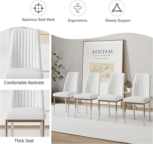 Miniatura 4 de Juego de 4 sillas de comedor modernas, sillas de comedor de cocina, asiento tapizado de piel sintética, respaldo alto y patas plateadas cromadas