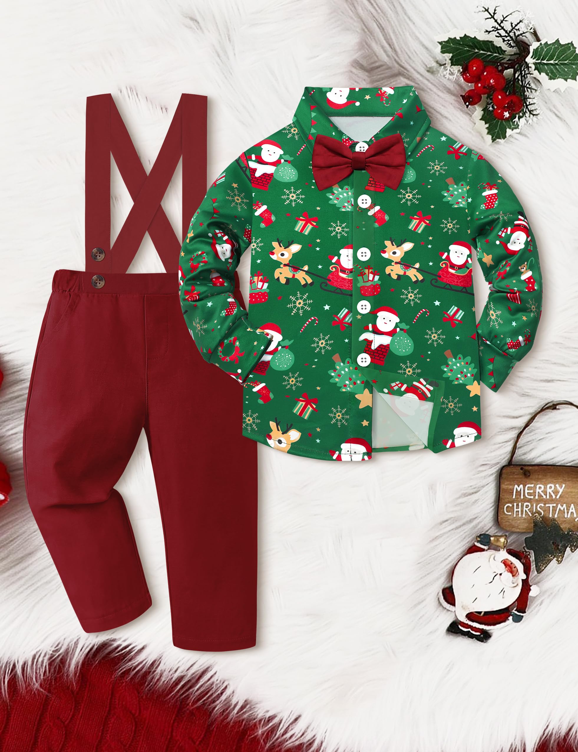 Weihnachtsoutfit für Babys, Kleinkinder, Jungen, Rentier, bedruckt, abnehmbare Schleife, Hemd, Oberteil, Hosenträger und Hose, Sets für Jungen
