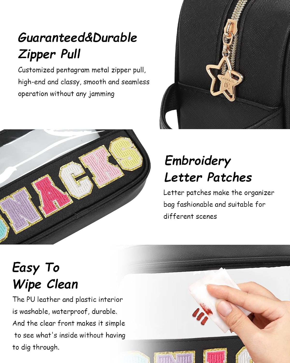 MONSTINA Snack Bag,Makeup Pouch Travel Toiletry Bag,Waterproof Clear Embroidery Letters Cosmetic Tote for Women Girls,PU Leather Black,Small
