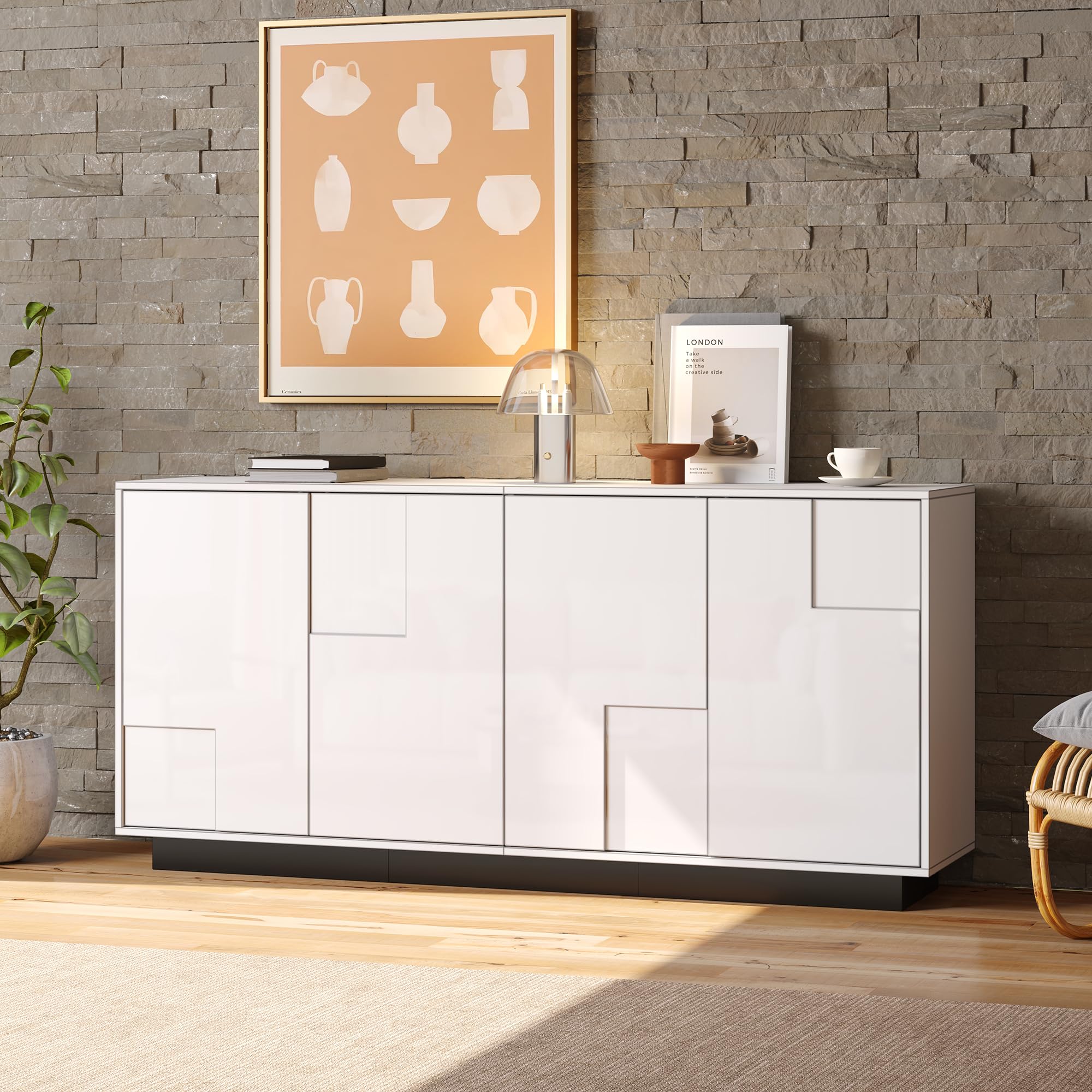 Szafka do salonu, 160 x 37 x 75,5 cm, z 4 drzwiami. Szafka pod wysoki połysk, szafka pod umywalkę o geometrycznym kształcie, duża przestrzeń do przechowywania, schemat kolorów w kolorze białym i