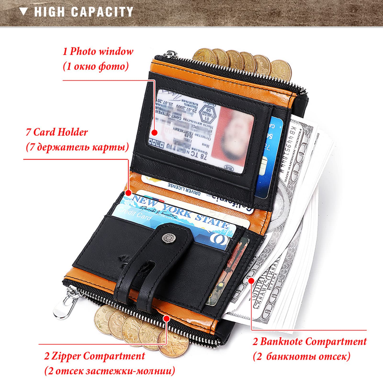 Portefeuille Homme en Cuir Véritable avec Chaîne,Zip Porte-Monnaie avec Blocage RFID, 7 Porte Carte Crédit, 2 Compartiment à Billets,2 Zip Porte-Monnaie,Poche à Monnaie avec Boîte Cadeau