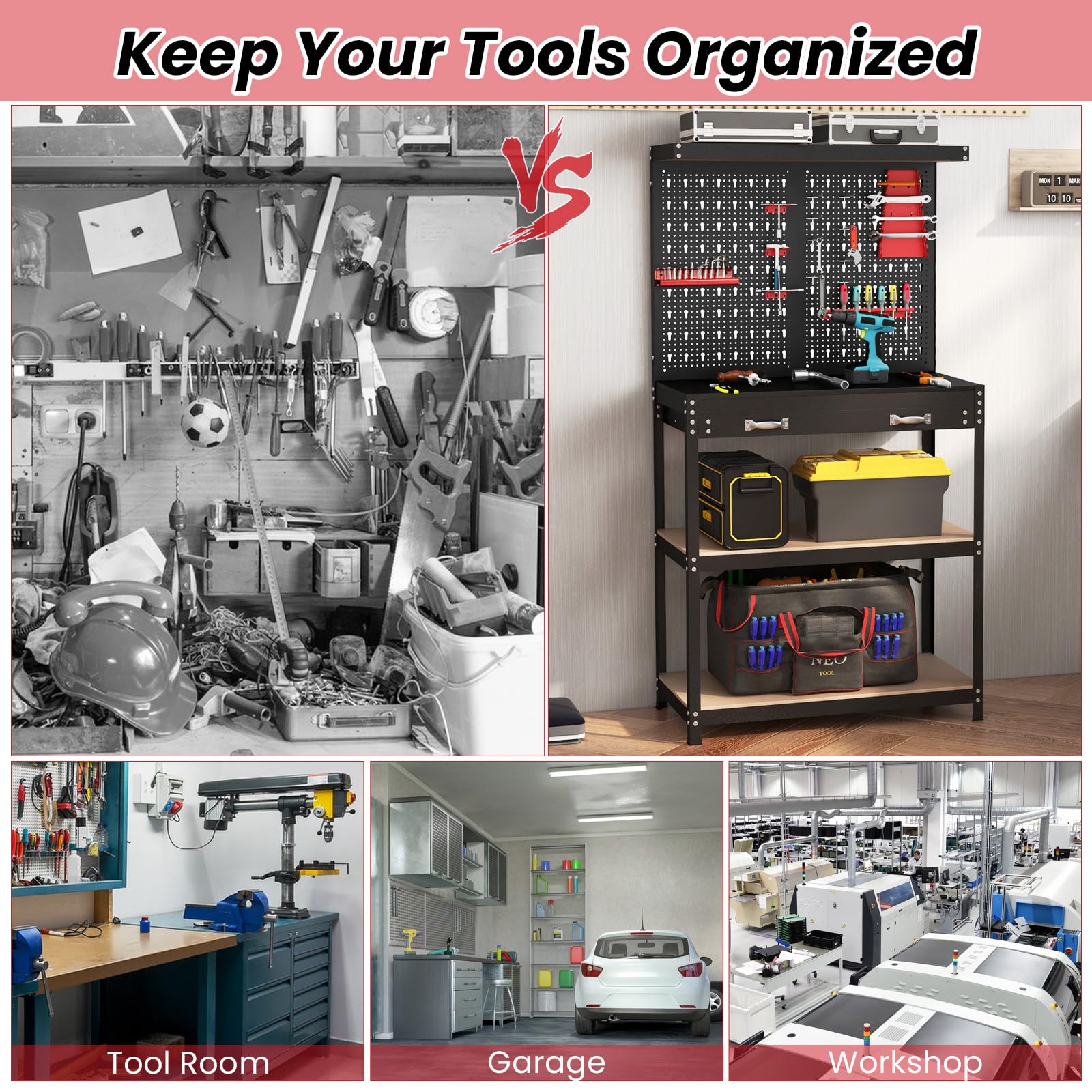 IRONMAX Banco da lavoro con cassetto, organizer per postazioni di lavoro resistente da 81 cm, con 14 kit da appendere, 2 ripiani e grande cassetto, tavolo da lavoro per garage, casa, officina, negozio