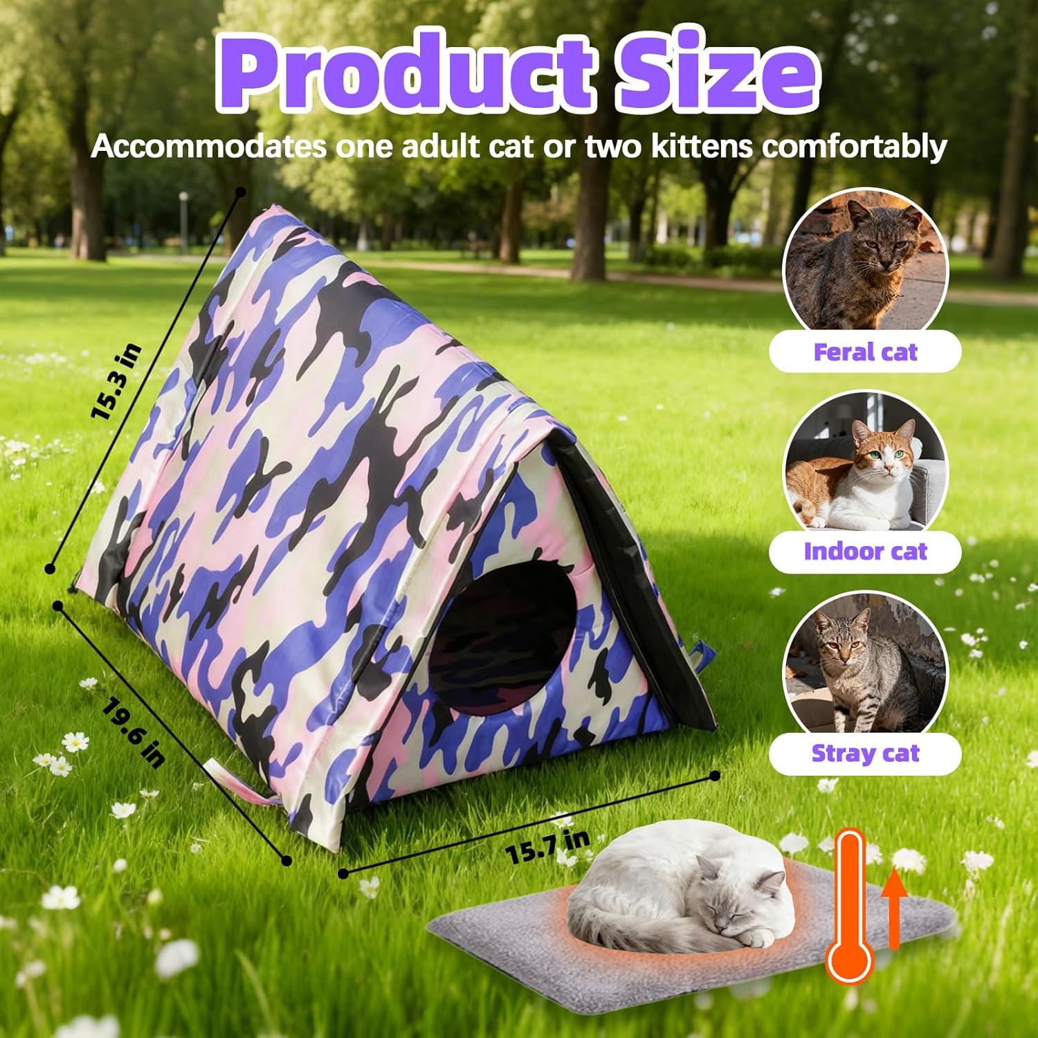 Cat Houses for Outdoor Cats,Self Heating Insulated Outdoor Cat House Weatherproof with Warm Mat for Feral & Stray Cats, Waterproof Cat Shelter Pet Tent Bed Cave for Hiding Outsides (Green)