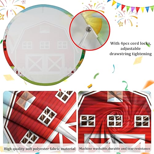 Miniatura 5 de AOFOTO Fondo redondo de granja de 6 x 6 pies para fotografía, decoración de puerta de granero de madera roja de dibujos animados, decoración de