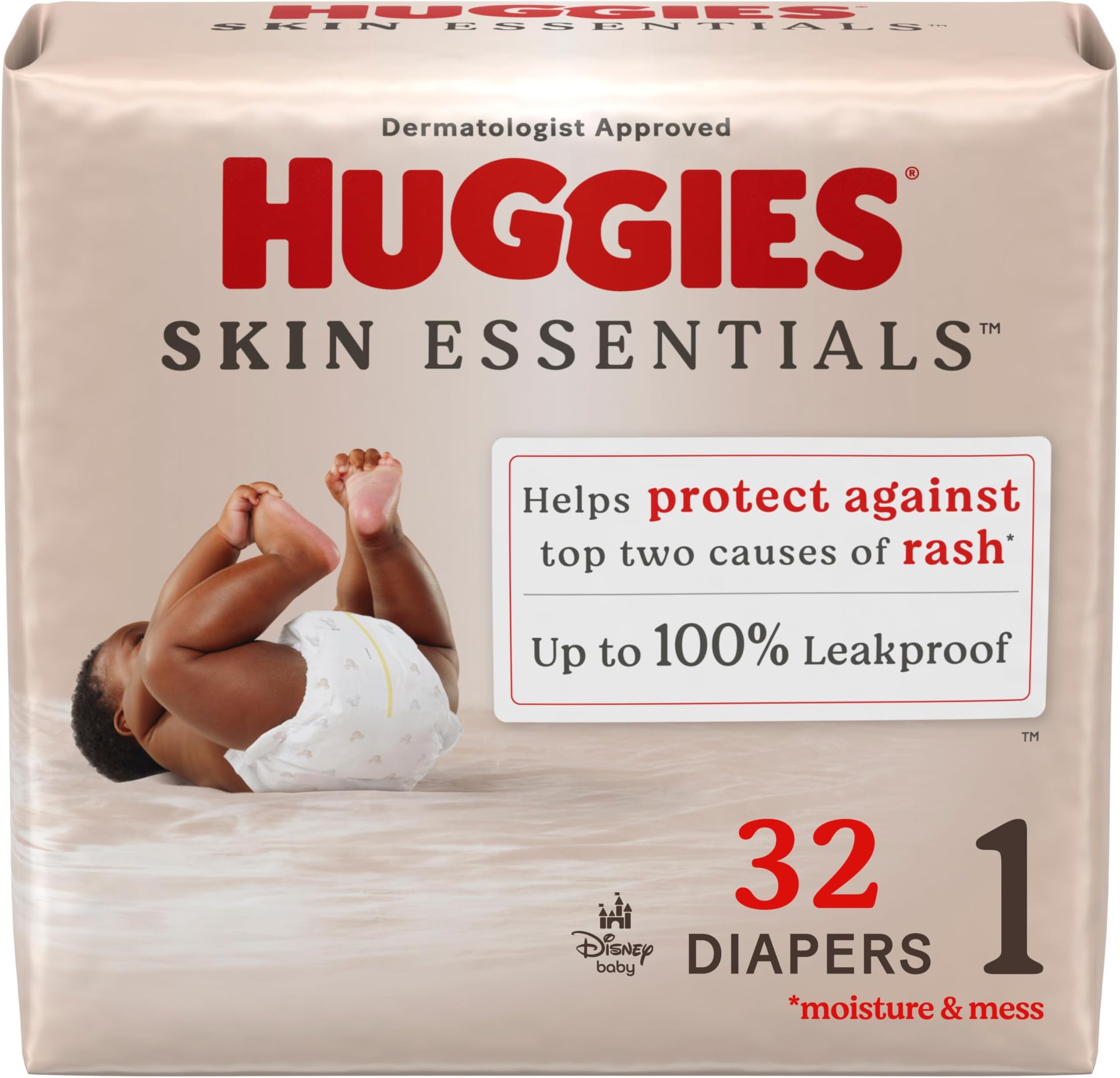 Huggies Size 1 Diapers, Skin Essentials Baby Diapers, Size 1 (8-14 lbs), 32 Count, Packaging May Vary