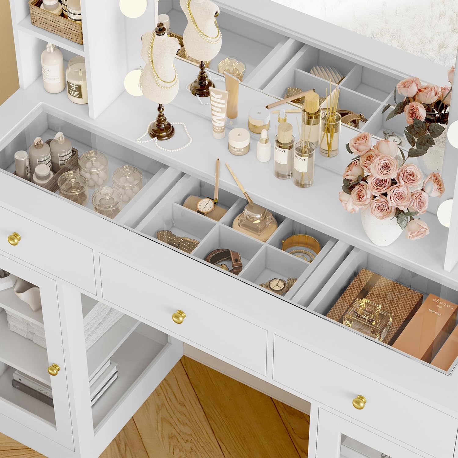 Makeup Vanity Desk with Mirror and Lights, White Vanity with Glass Top, LED Lights & Power Outlet, 3 Drawers & 2 RGB Glass Cabinets, Adjustable Lighted Dressing Table for Women & Girls Bedroom