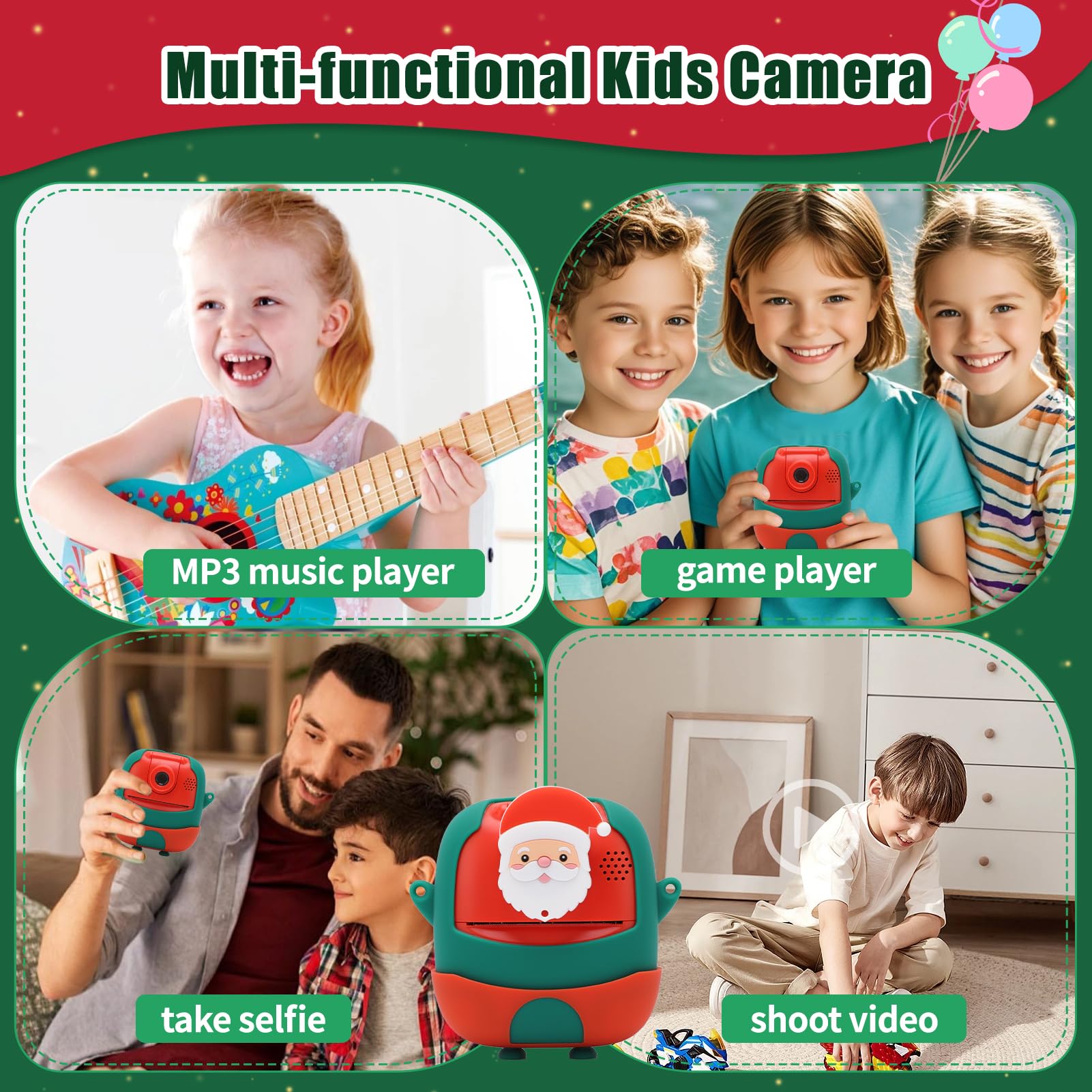 Macchina fotografica di stampa istantanea per i bambini, 24MP & 1080P bambini fotocamera digitale, Natale regalo di compleanno per la ragazza ragazzo età 3-12, stampa foto in bianco e nero (Natale)