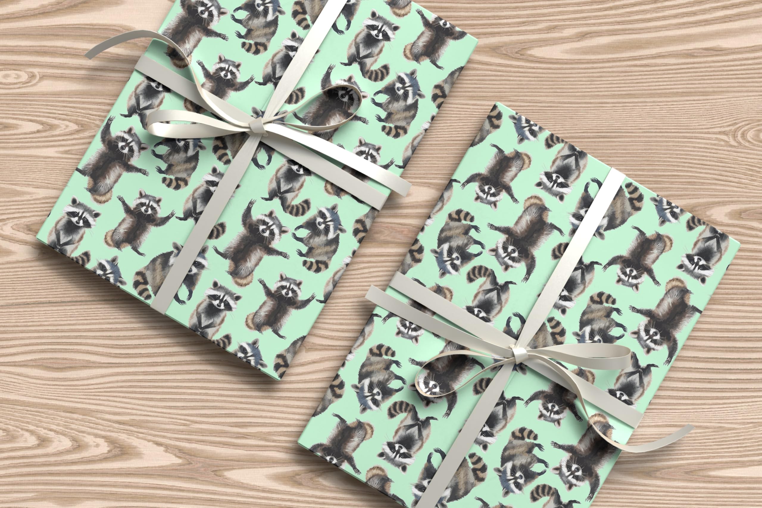 Cute Raccoon Wrapping Paper – Playful Woodland Animal Gift Wrap Sheet with Watercolour Style Raccoons – Birthday or Kids Gift Wrap – W68 (Mint, Large - 58 x 85cm / 22.8" x 33.4" inches)
