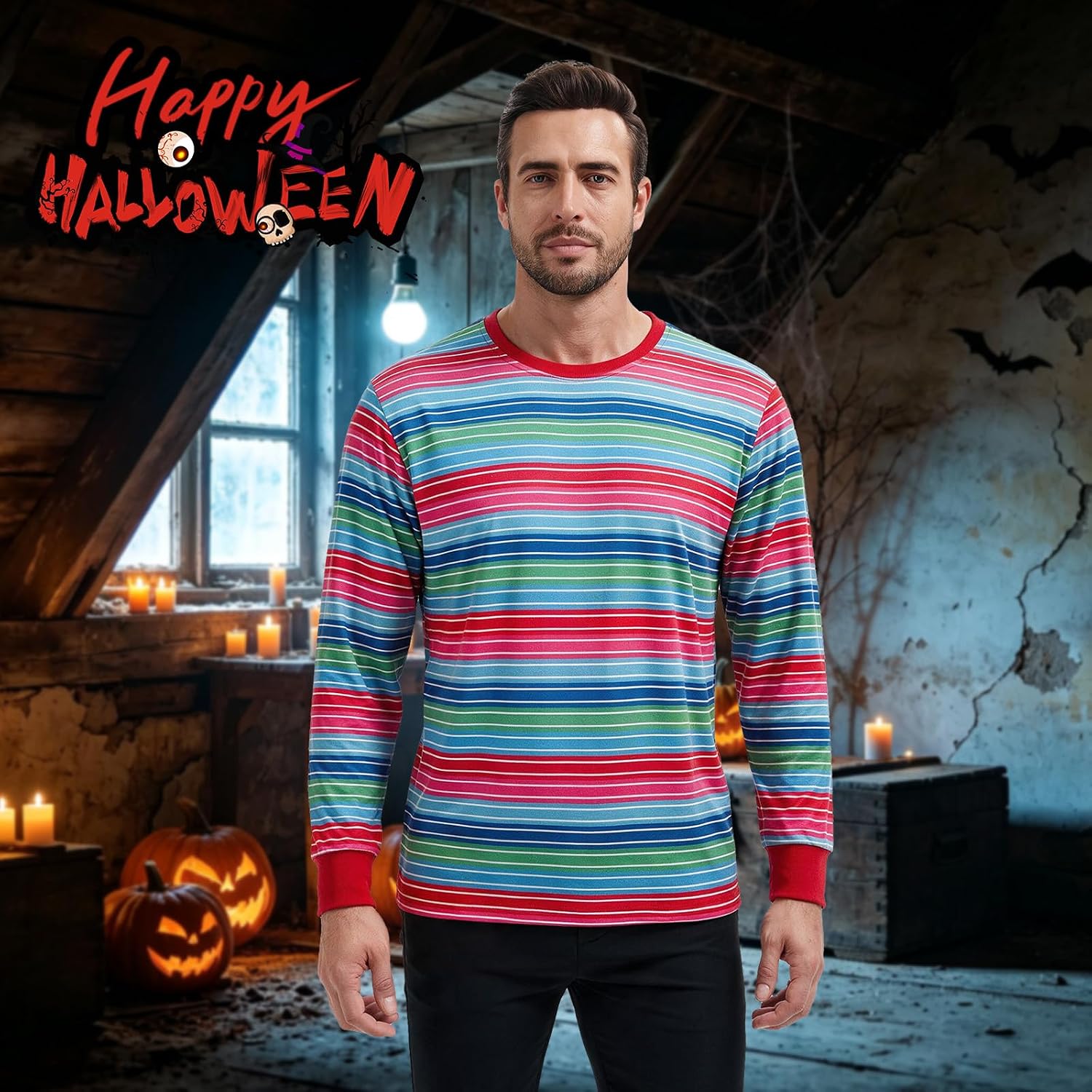 Men Horror Rainbow Striped Long Sleeve Tee for Halloween